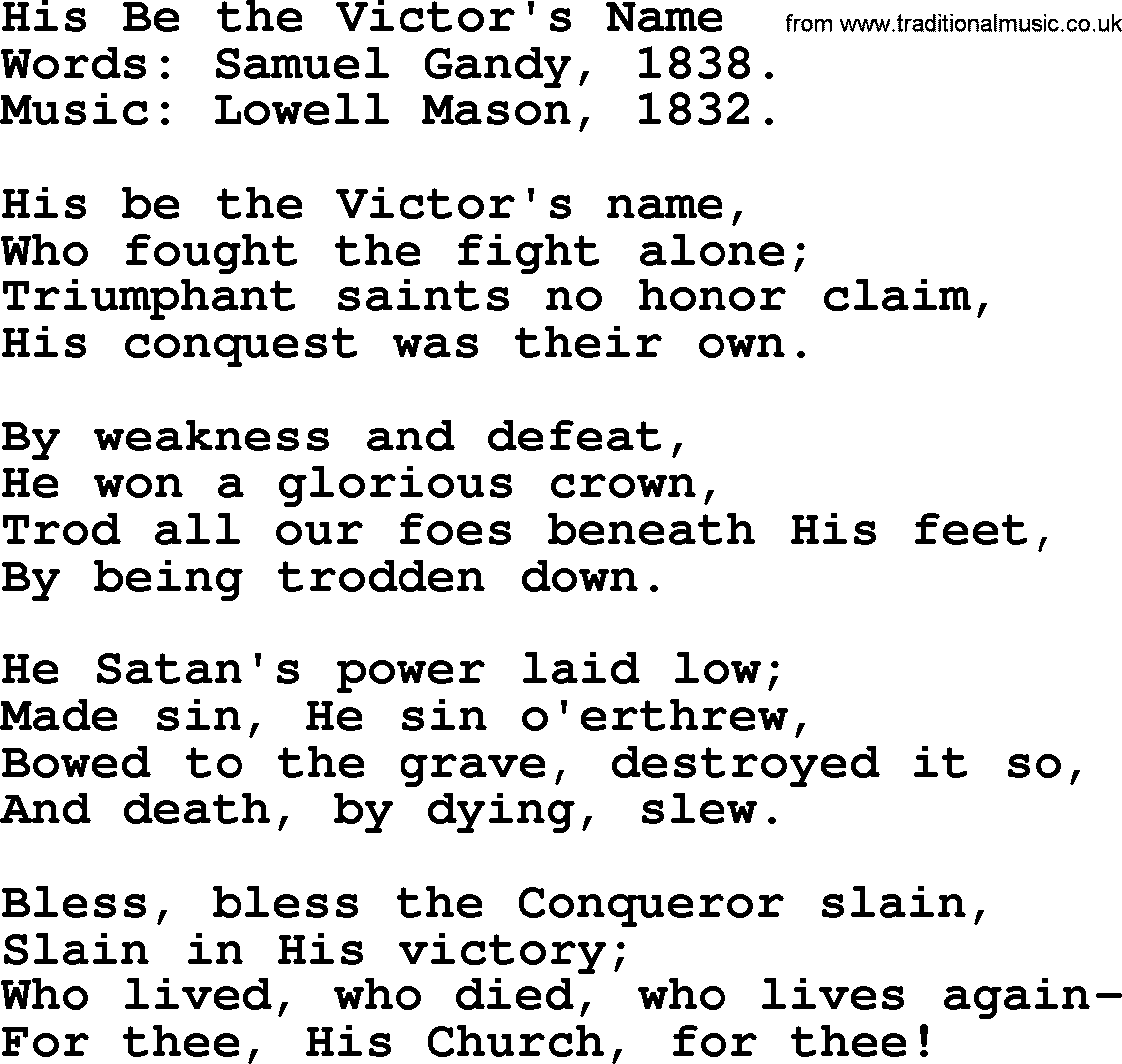 Easter Hymns, Hymn: His Be The Victor's Name, lyrics with PDF