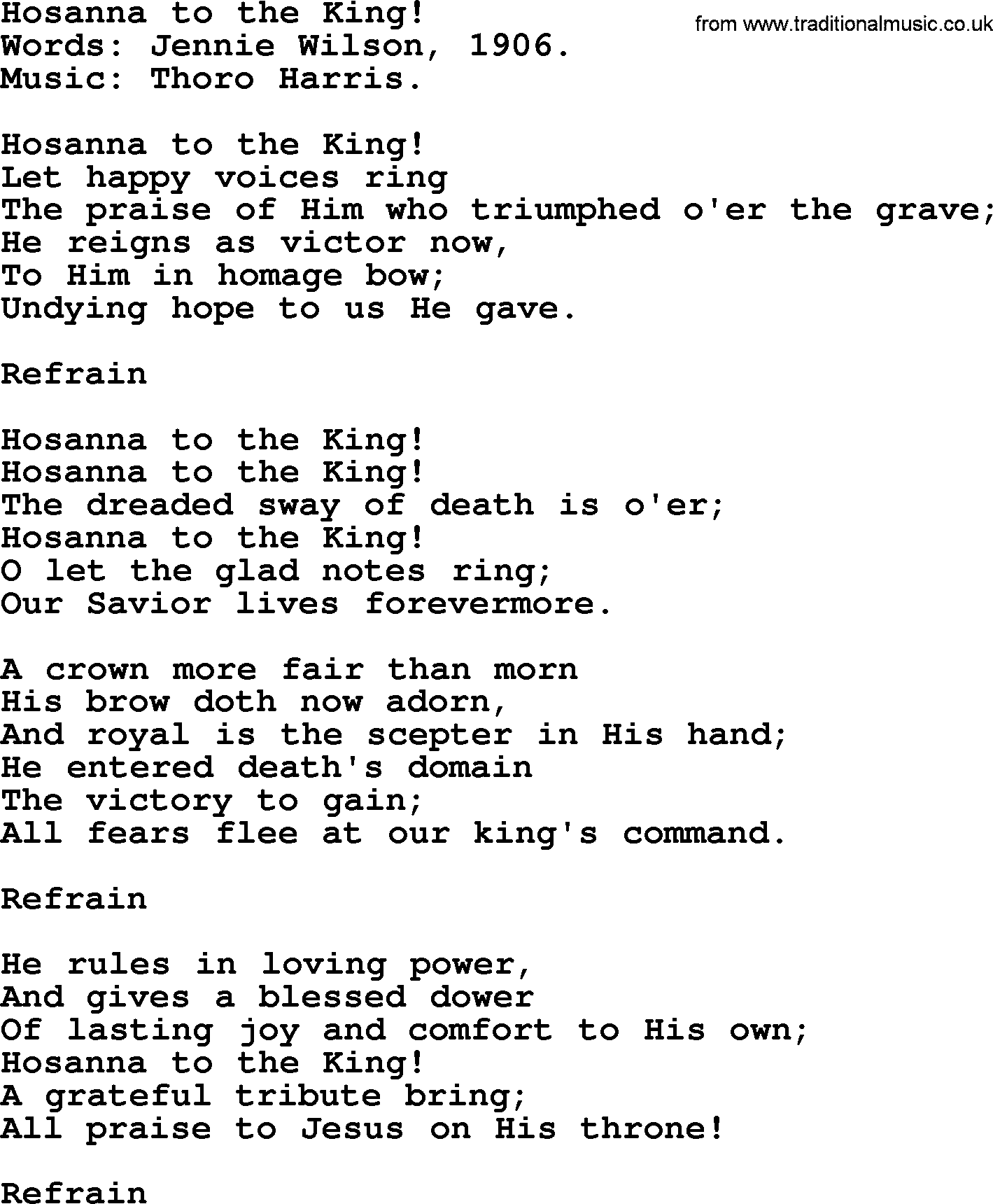 Easter Hymns, Hymn: Hosanna To The King!, lyrics with PDF