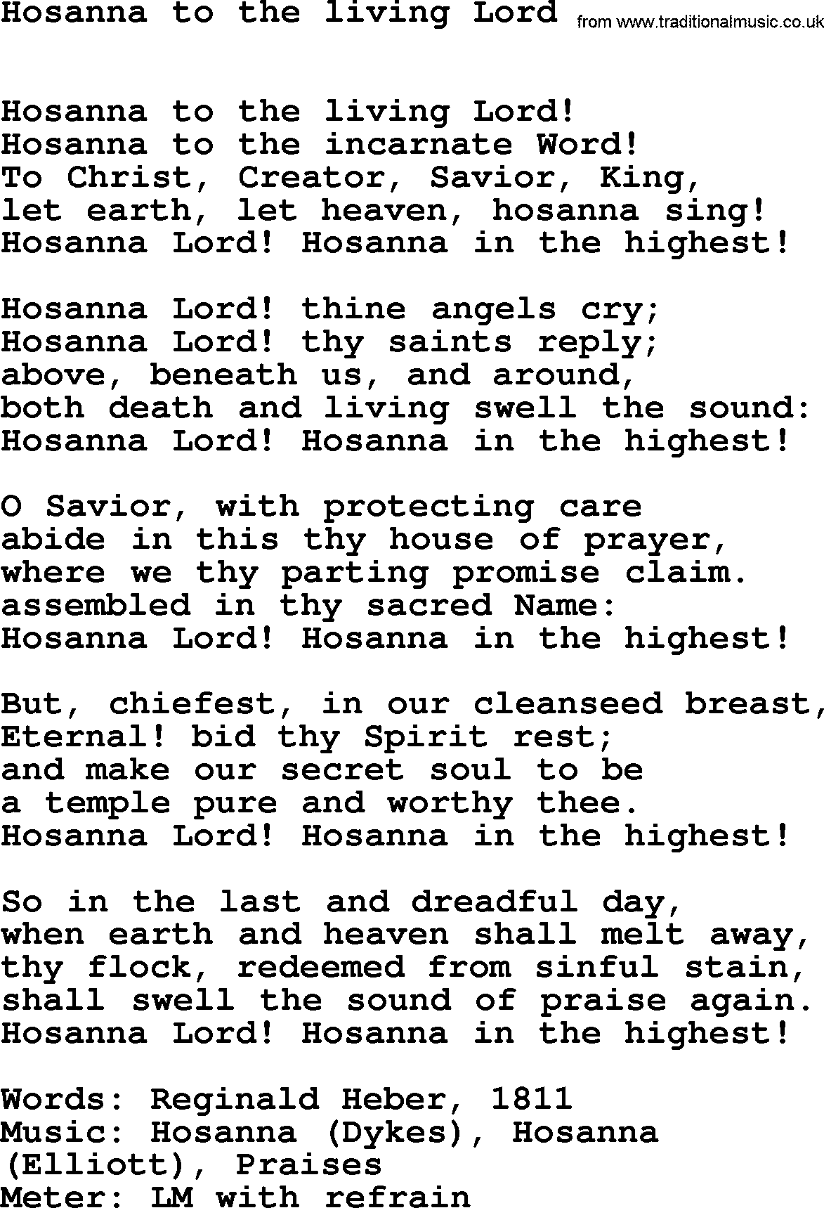 Easter Hymns, Hymn: Hosanna To The Living Lord, lyrics with PDF