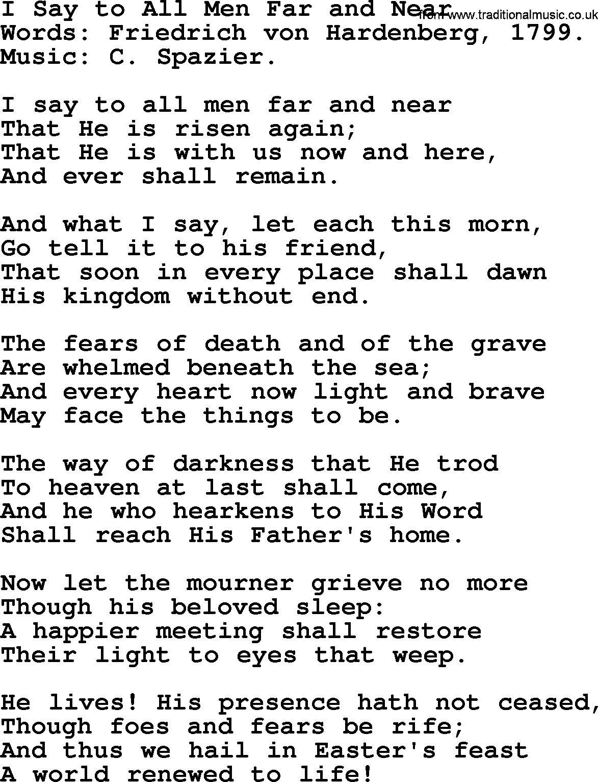 Easter Hymns, Hymn: I Say To All Men Far And Near, lyrics with PDF