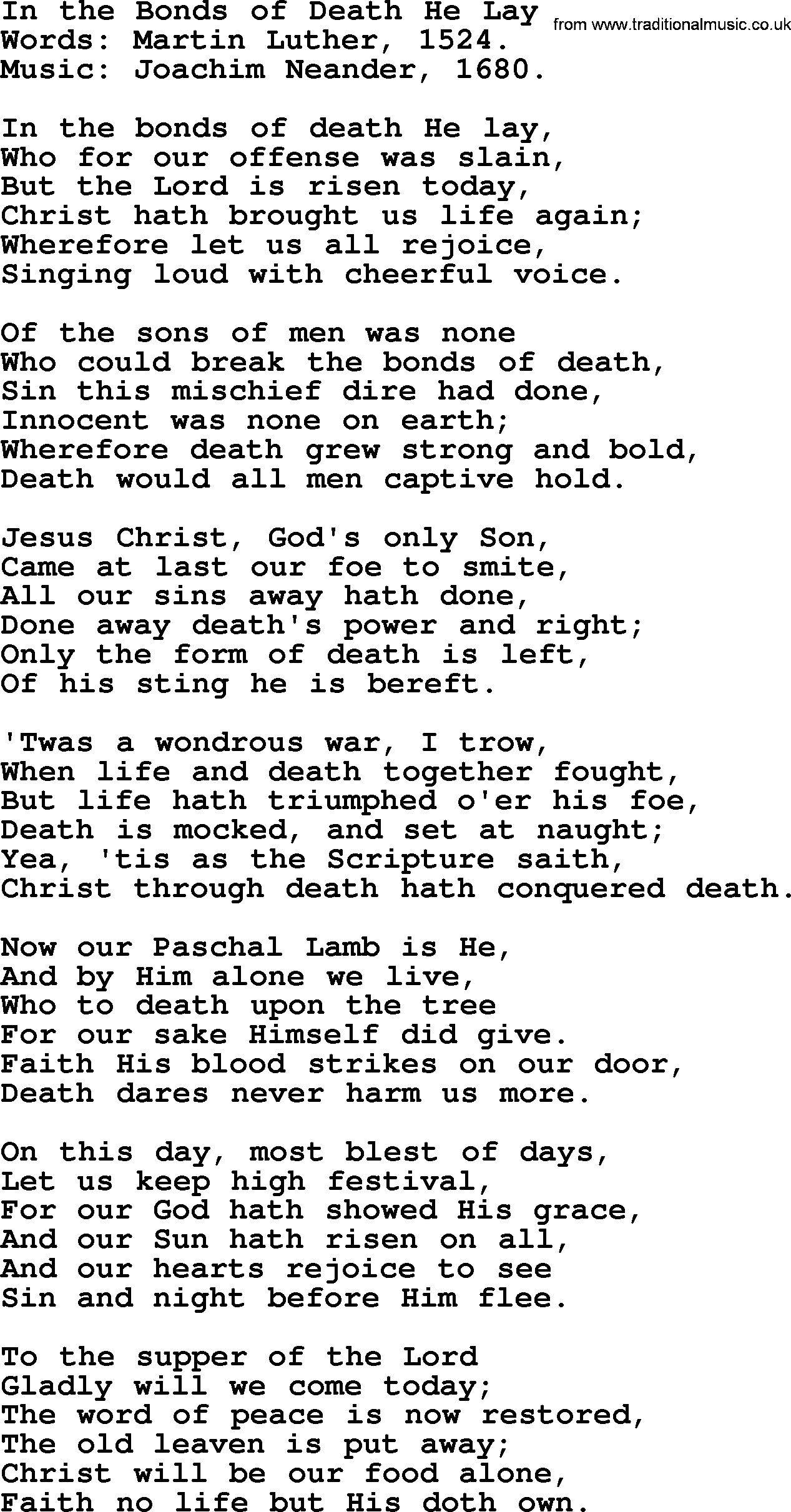 Easter Hymns, Hymn: In The Bonds Of Death He Lay, lyrics with PDF