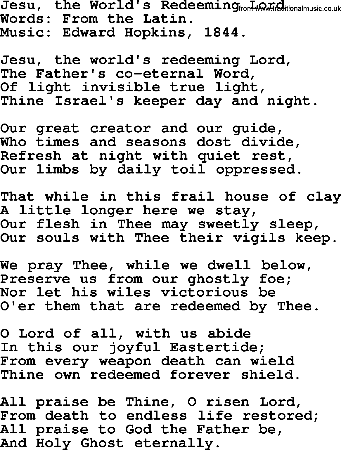 Easter Hymns, Hymn: Jesu, The World's Redeeming Lord, lyrics with PDF