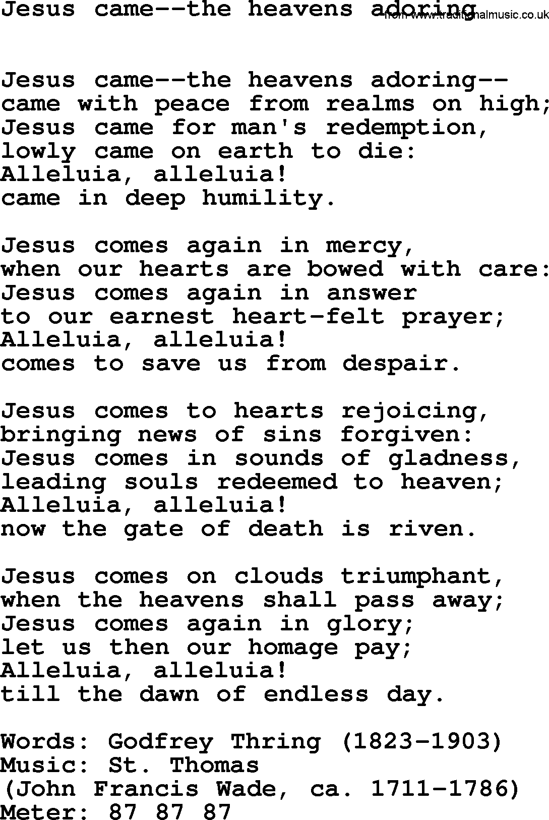 Easter Hymns, Hymn: Jesus Came--the Heavens Adoring, lyrics with PDF