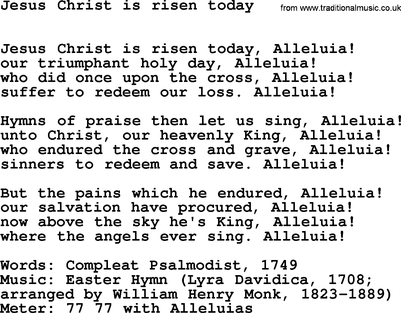 Easter Hymns, Hymn: Jesus Christ Is Risen Today, lyrics with PDF