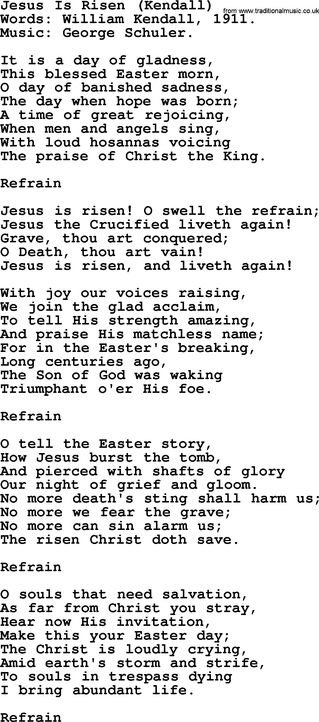 Easter Hymns, Hymn: Jesus Is Risen (kendall), lyrics with PDF