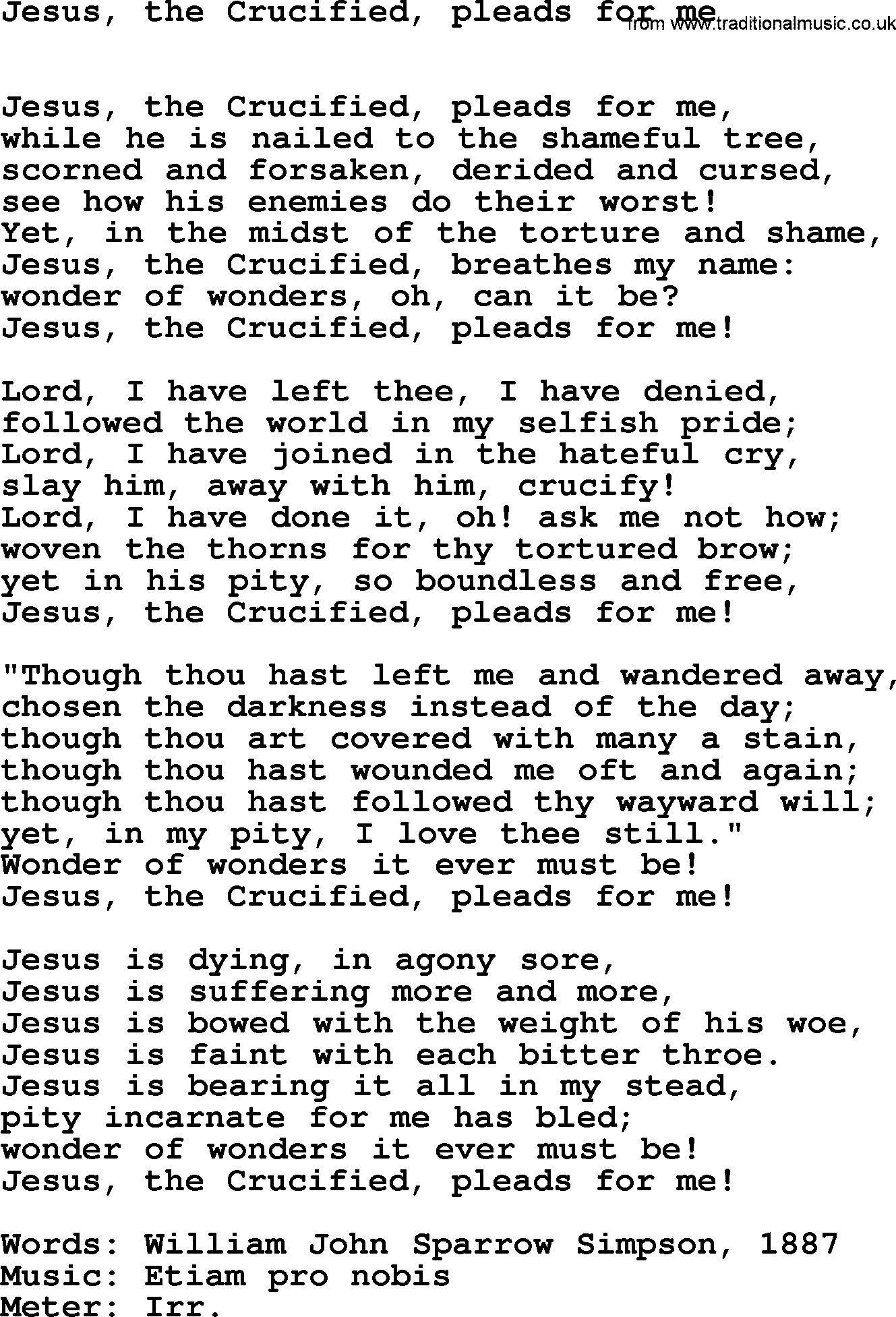 Easter Hymns, Hymn: Jesus, The Crucified, Pleads For Me, lyrics with PDF
