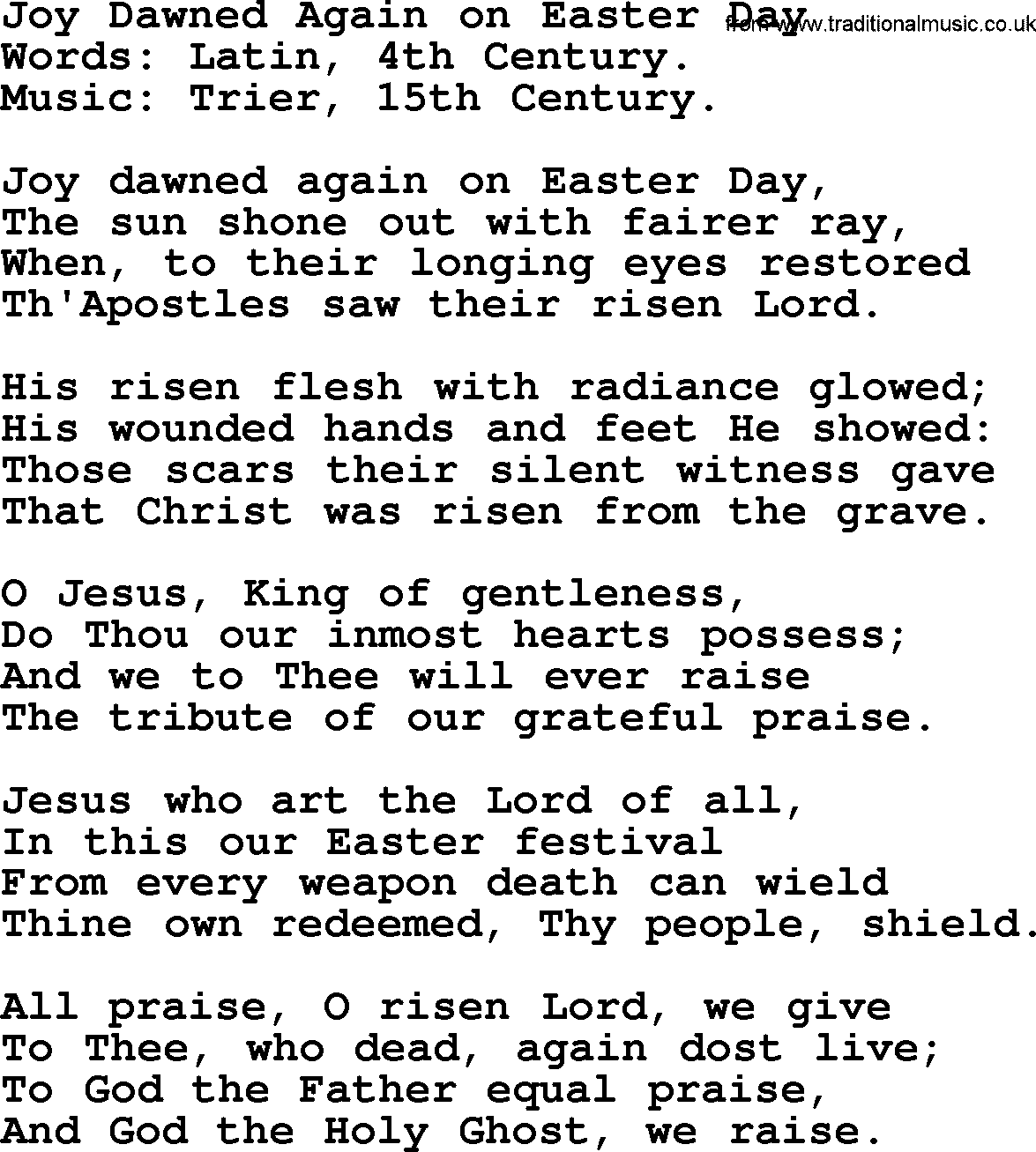 Easter Hymns, Hymn: Joy Dawned Again On Easter Day, lyrics with PDF