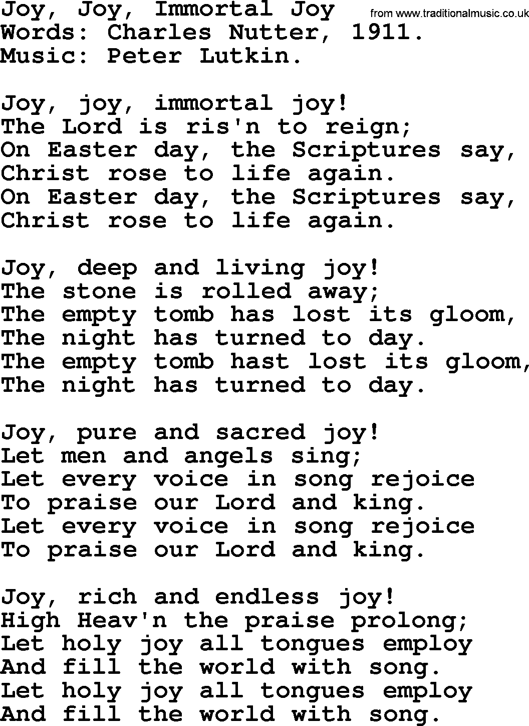 Easter Hymns, Hymn: Joy, Joy, Immortal Joy, lyrics with PDF