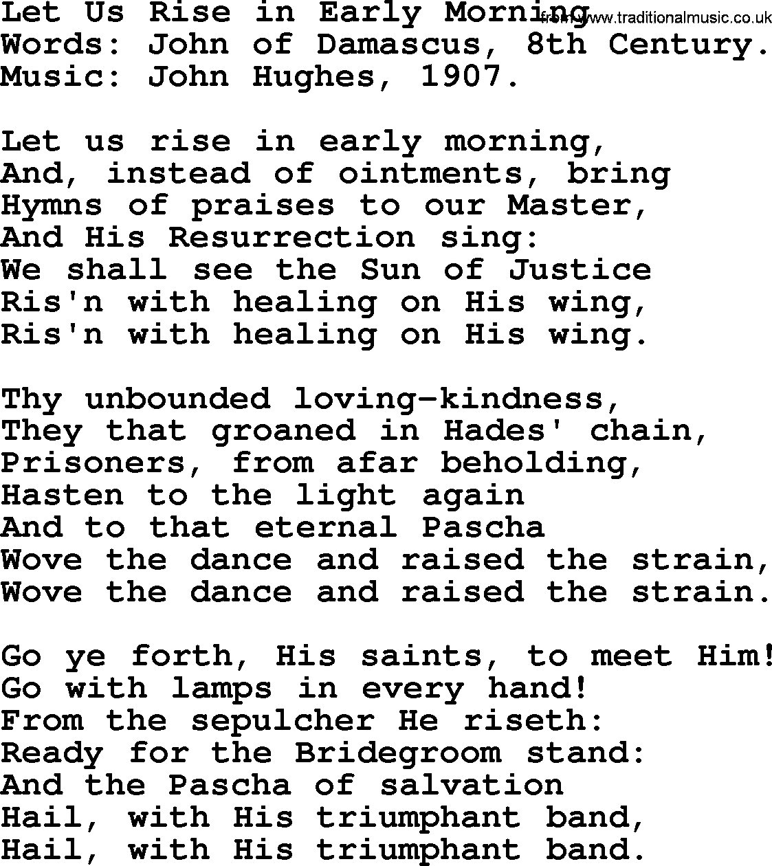 Easter Hymns, Hymn: Let Us Rise In Early Morning, lyrics with PDF