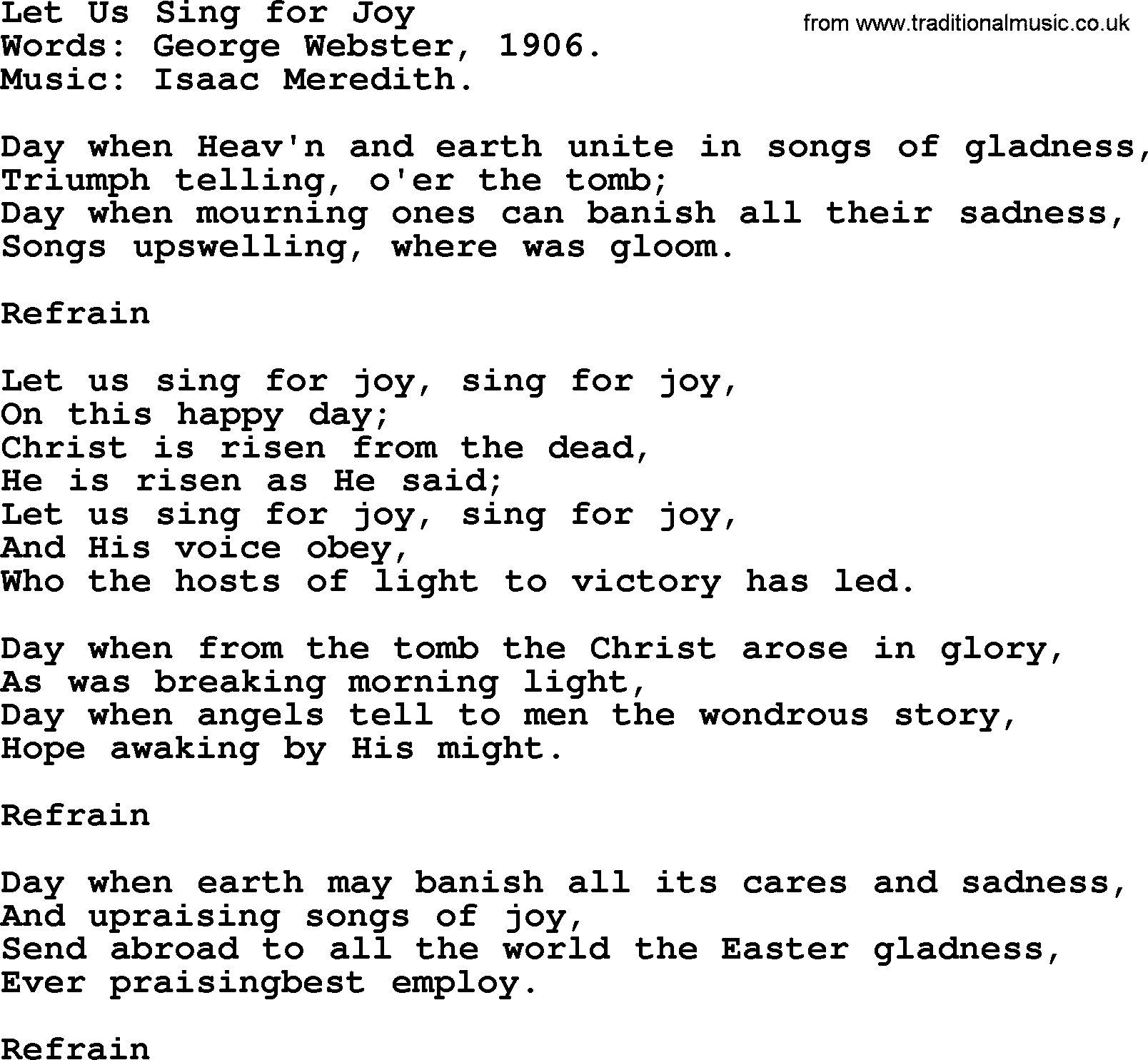 Easter Hymns, Hymn: Let Us Sing For Joy, lyrics with PDF