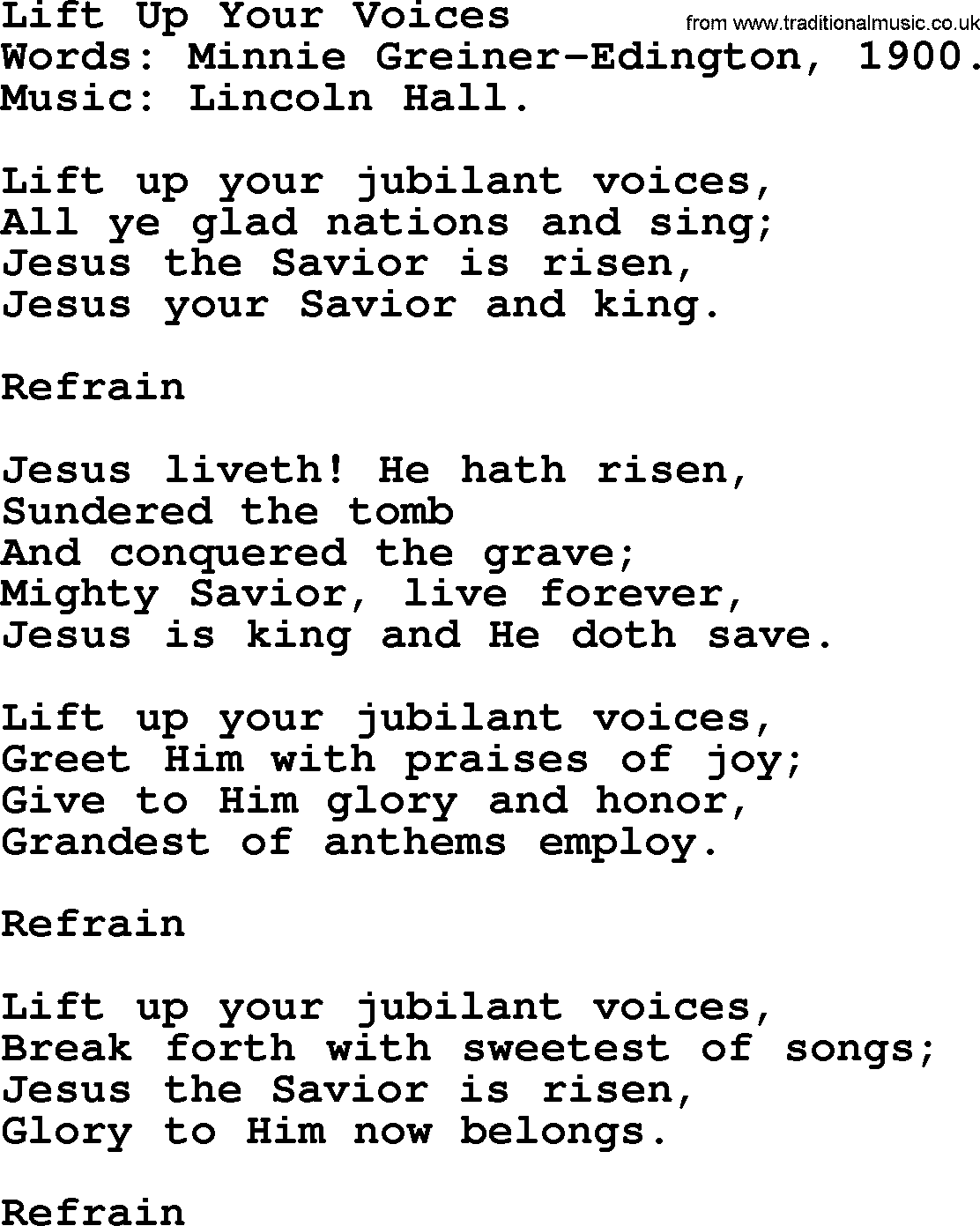 Easter Hymns, Hymn: Lift Up Your Voices, lyrics with PDF