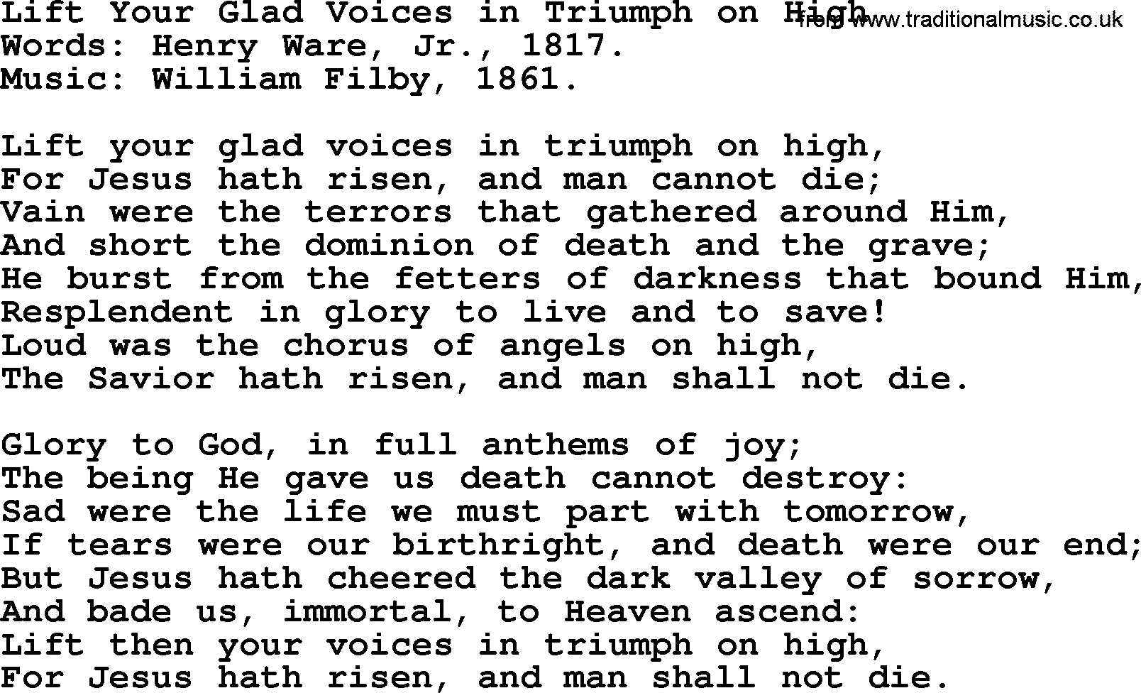 Easter Hymns, Hymn: Lift Your Glad Voices In Triumph On High, lyrics with PDF