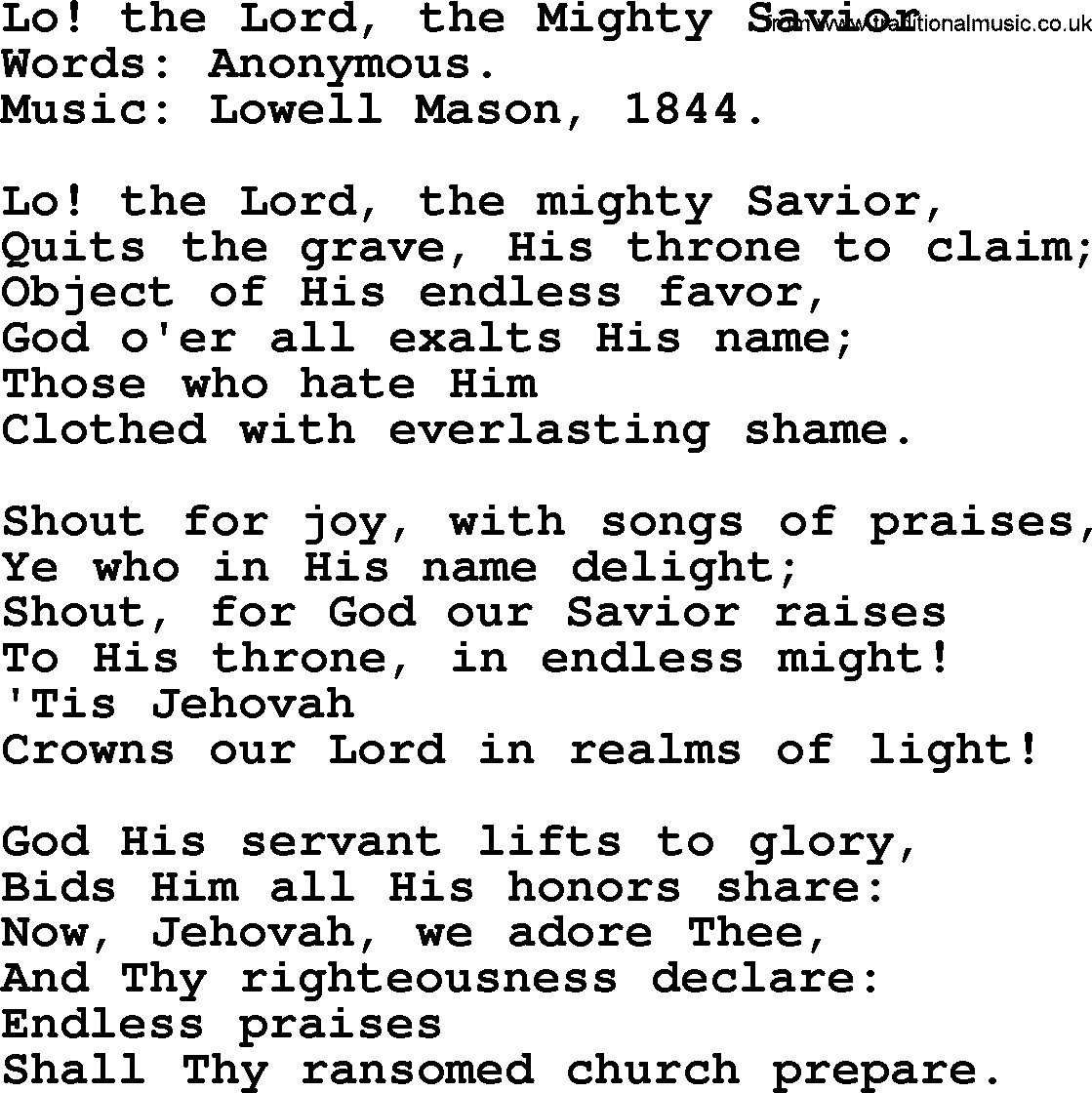 Easter Hymns, Hymn: Lo! The Lord, The Mighty Savior, lyrics with PDF