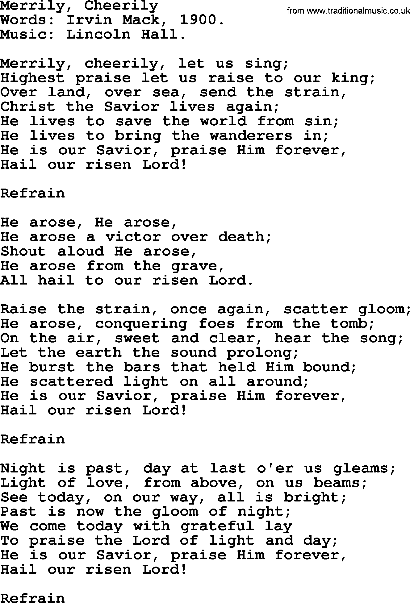 Easter Hymns, Hymn: Merrily, Cheerily, lyrics with PDF