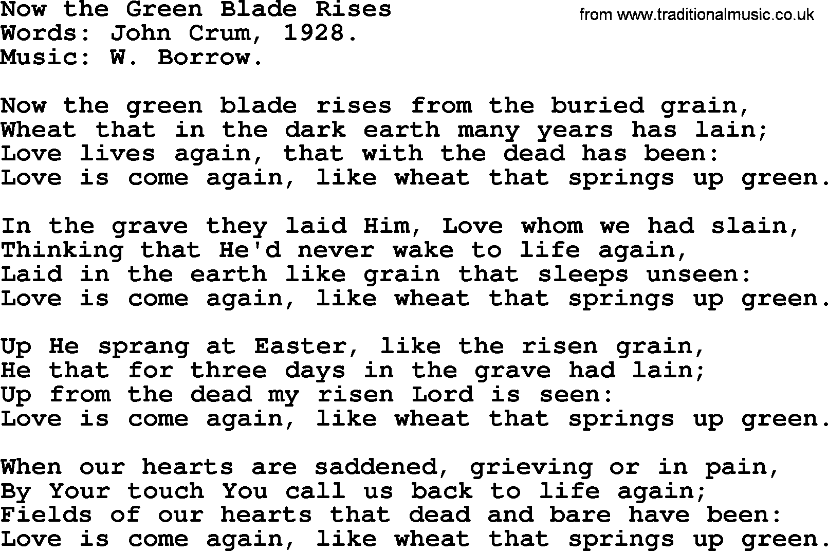 Easter Hymns, Hymn: Now The Green Blade Rises, lyrics with PDF