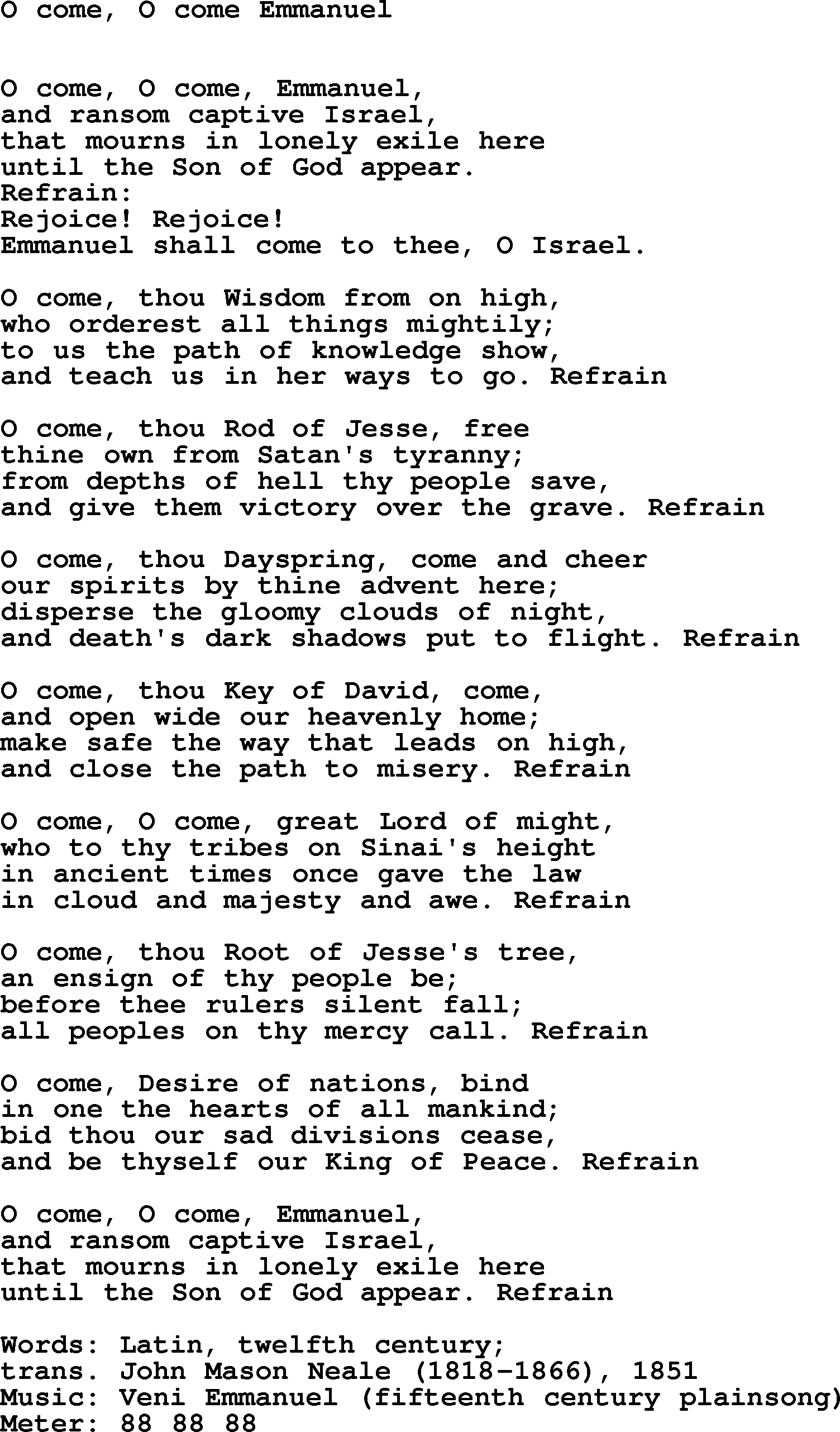 Easter Hymns, Hymn: O Come, O Come Emmanuel, lyrics with PDF