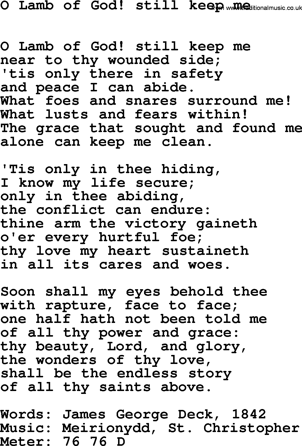Easter Hymns, Hymn: O Lamb Of God! Still Keep Me, lyrics with PDF