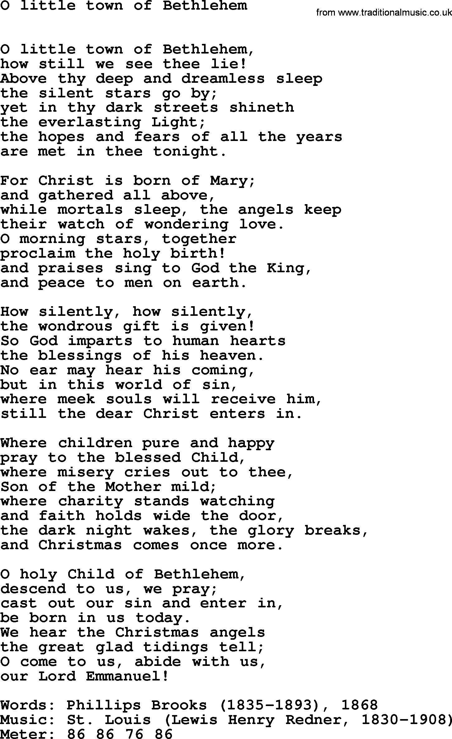 Easter Hymns, Hymn: O Little Town Of Bethlehem, lyrics with PDF