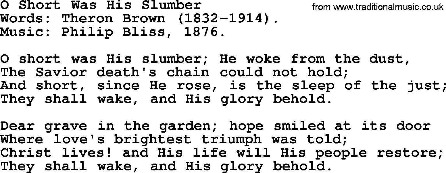 Easter Hymns, Hymn: O Short Was His Slumber, lyrics with PDF