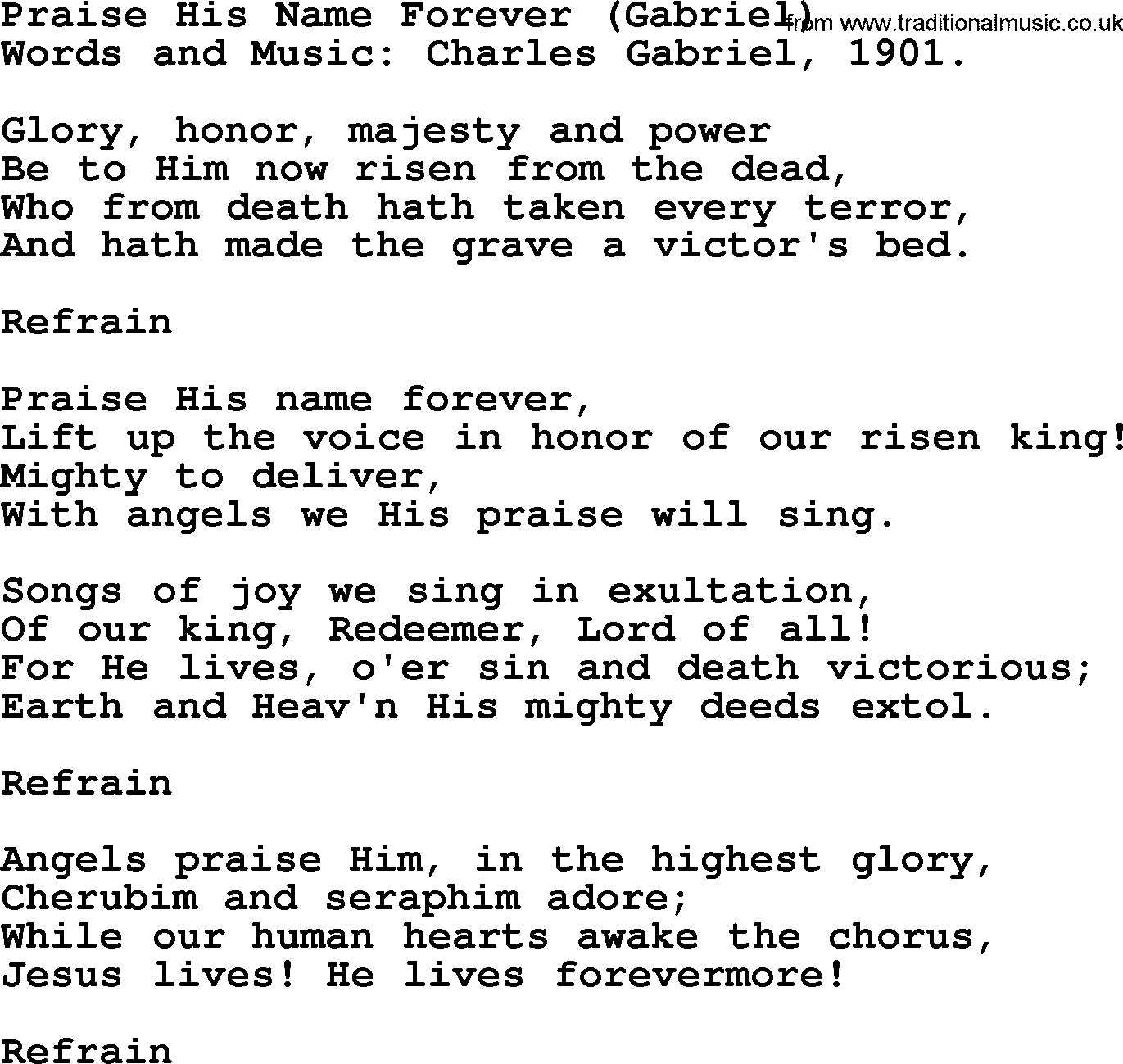 Easter Hymns, Hymn: Praise His Name Forever (gabriel), lyrics with PDF