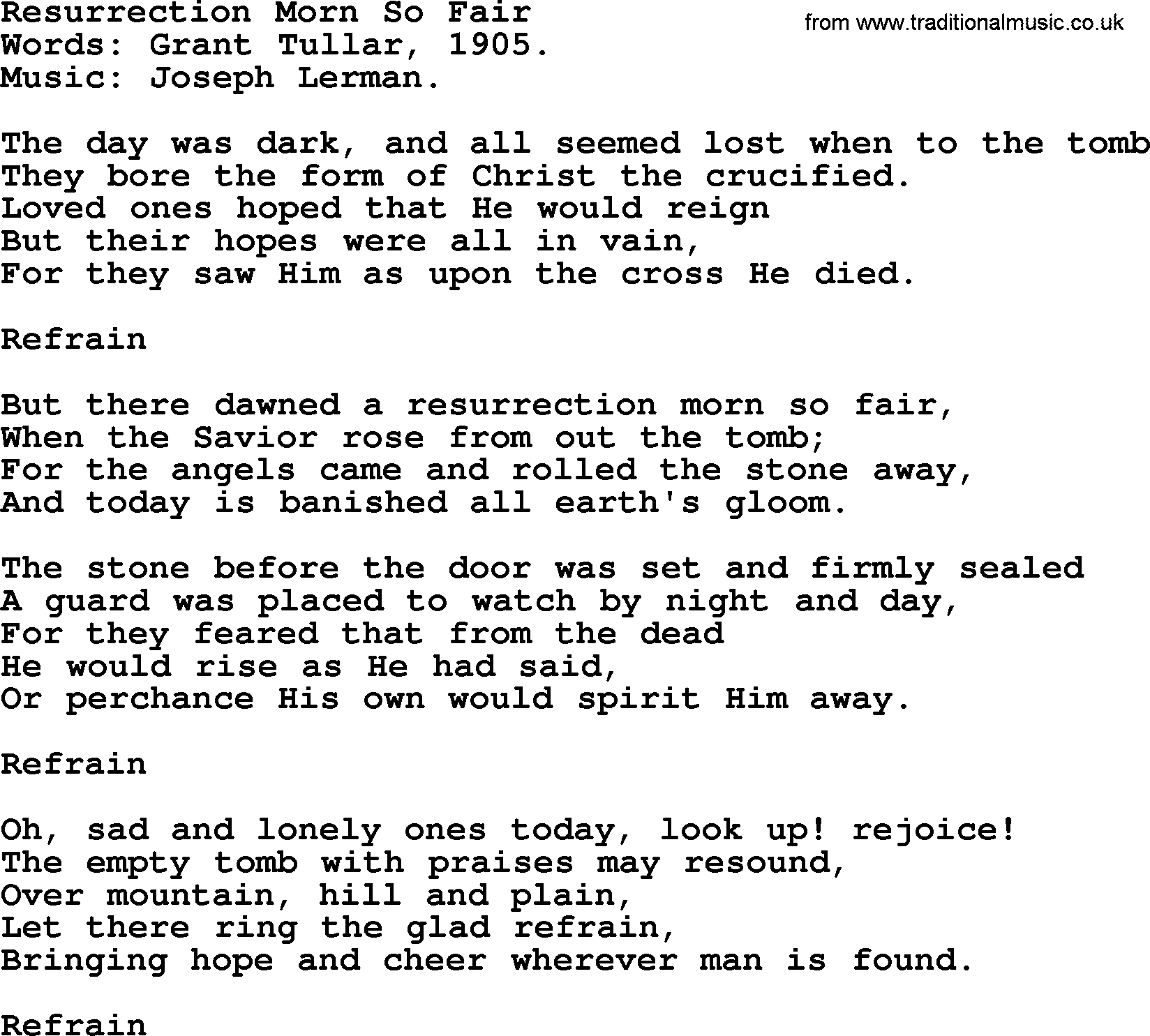 Easter Hymns, Hymn: Resurrection Morn So Fair, lyrics with PDF
