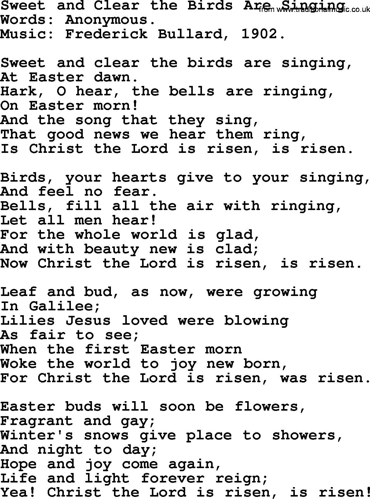 Easter Hymns, Hymn: Sweet And Clear The Birds Are Singing, lyrics with PDF