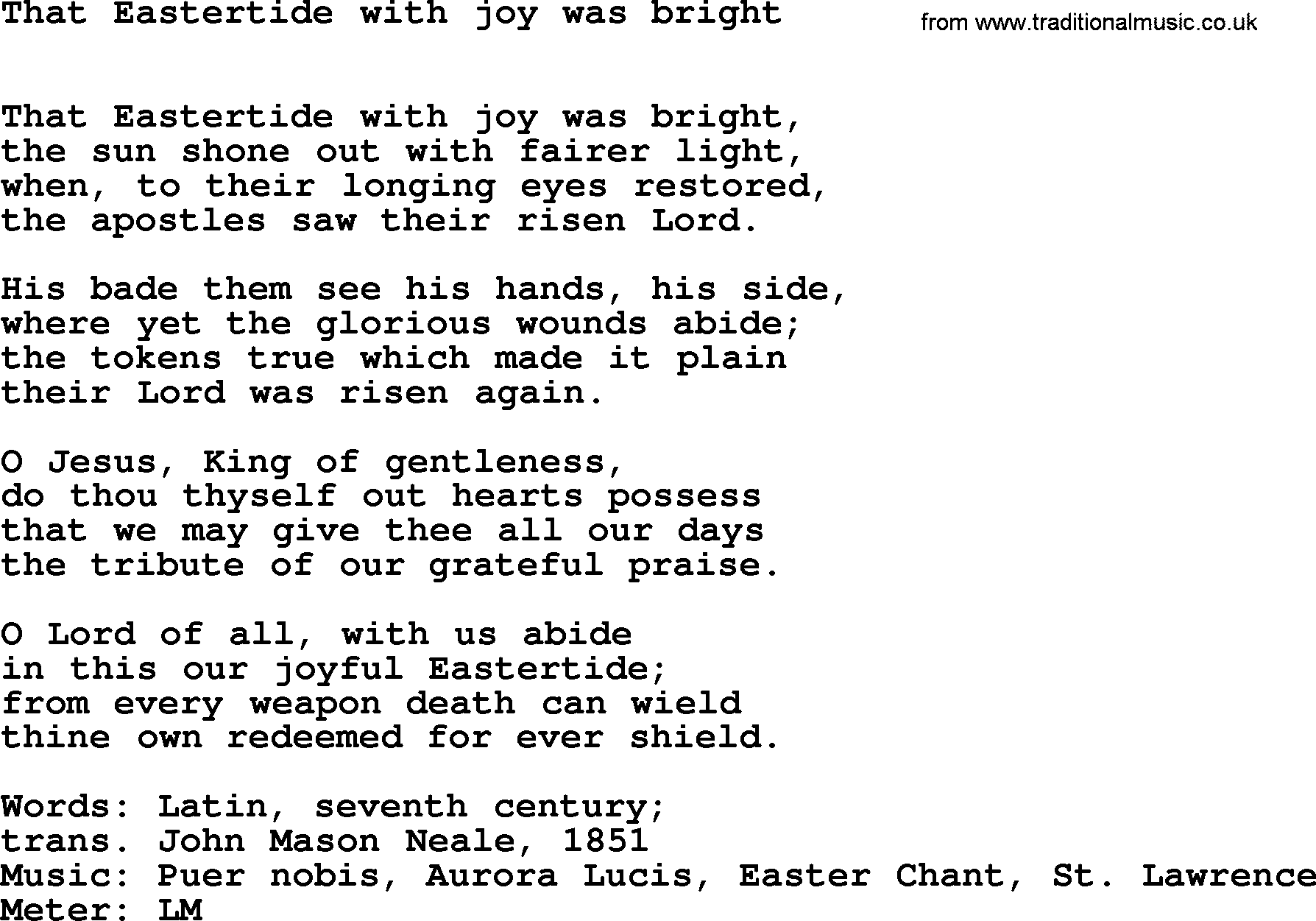 Easter Hymns, Hymn: That Eastertide With Joy Was Bright, lyrics with PDF