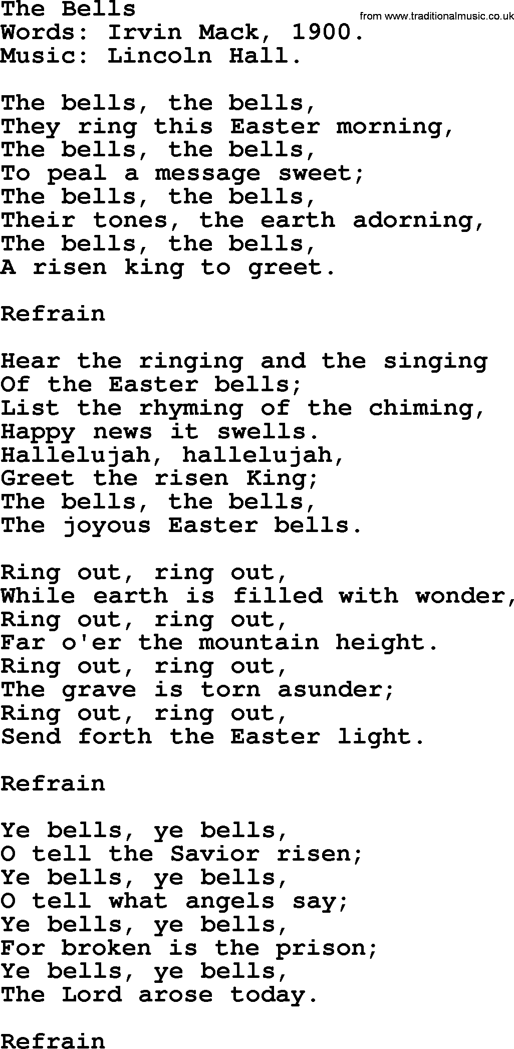 Easter Hymns, Hymn: The Bells, lyrics with PDF