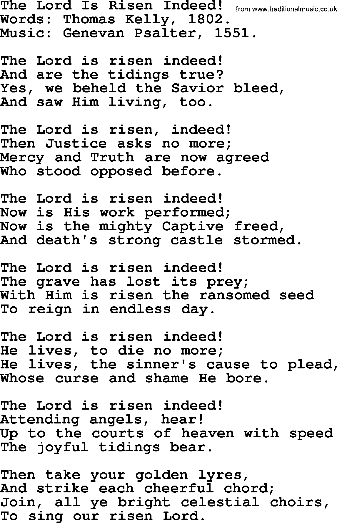 Easter Hymns, Hymn: The Lord Is Risen Indeed!, lyrics with PDF