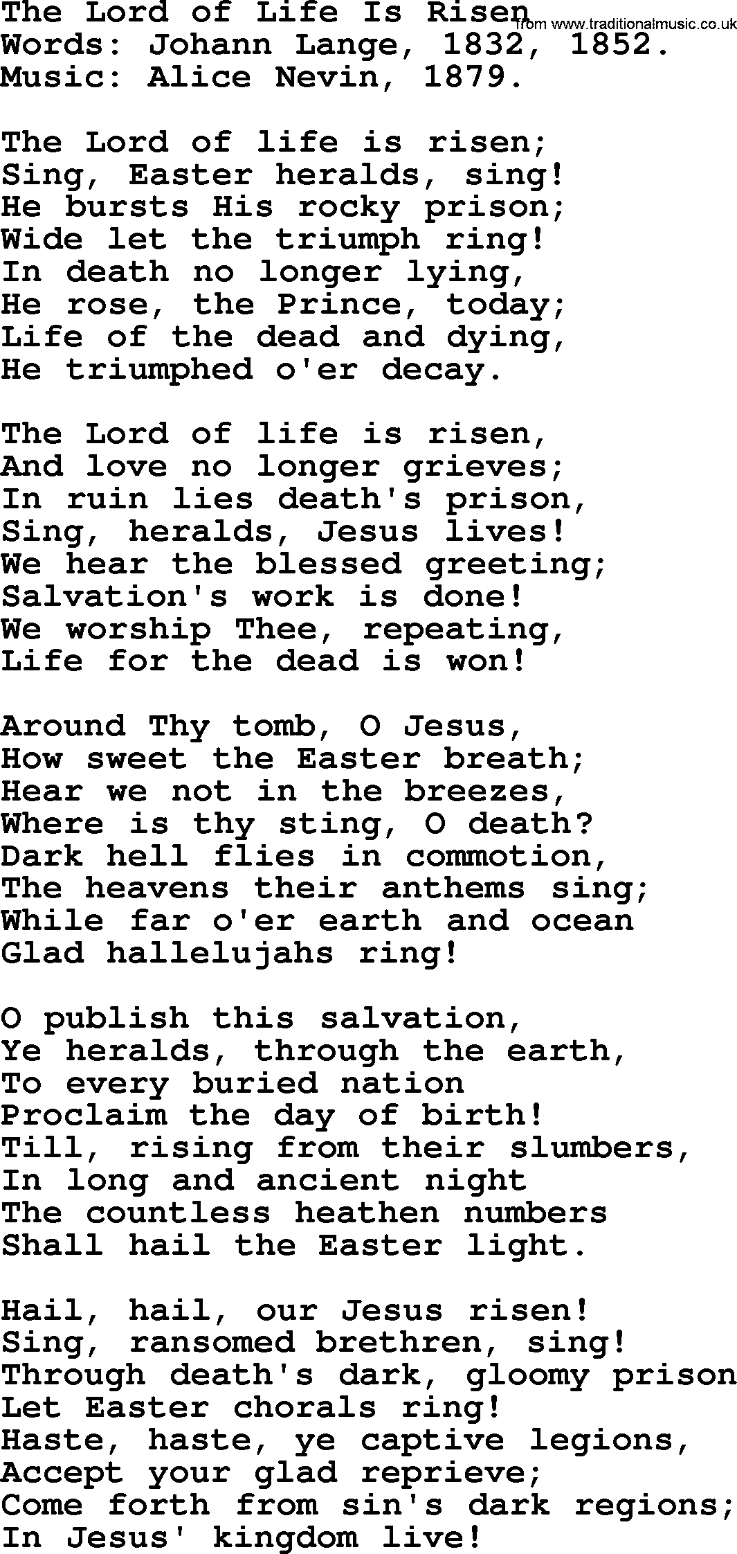 Easter Hymns, Hymn: The Lord Of Life Is Risen, lyrics with PDF