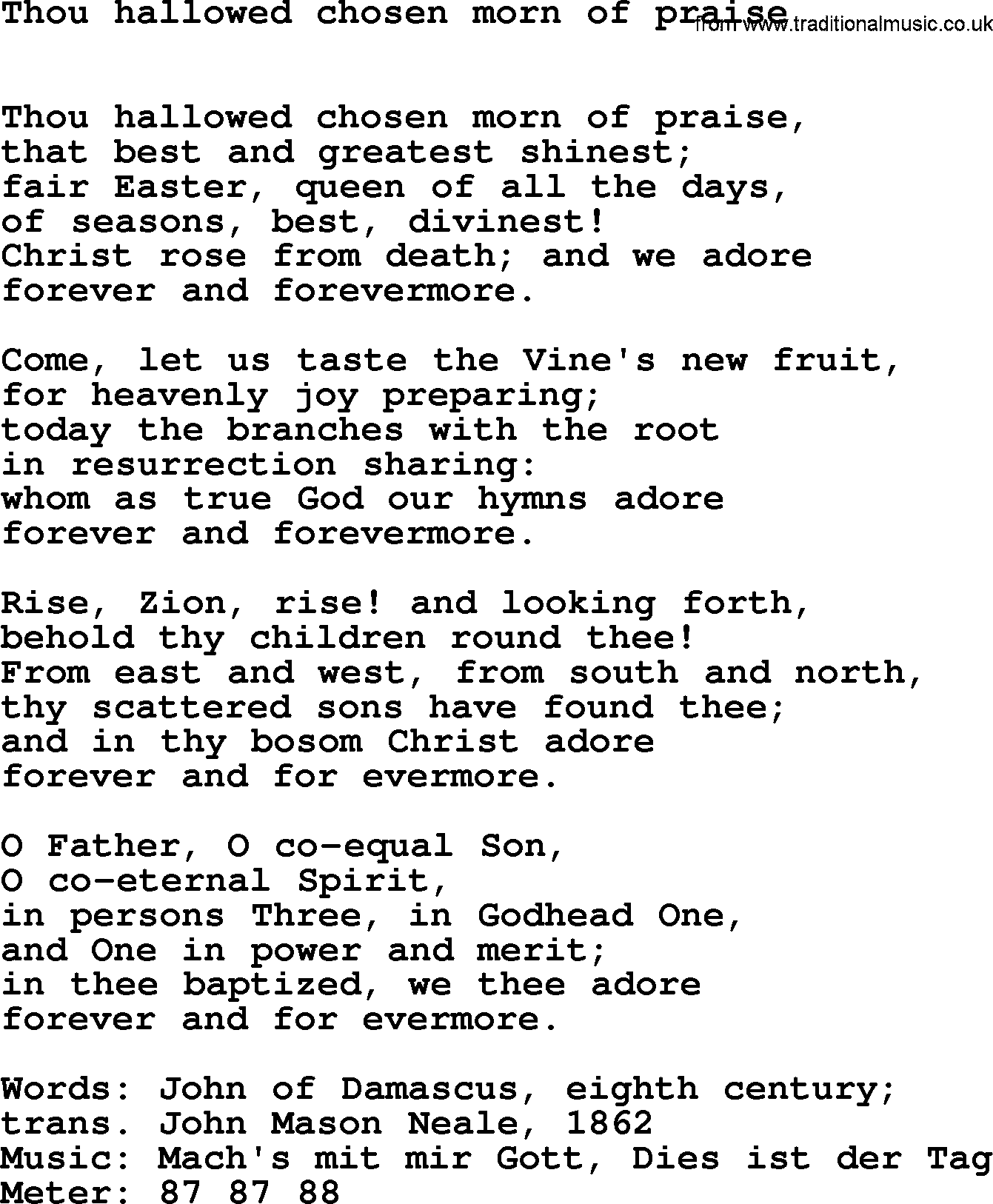 Easter Hymns, Hymn: Thou Hallowed Chosen Morn Of Praise, lyrics with PDF