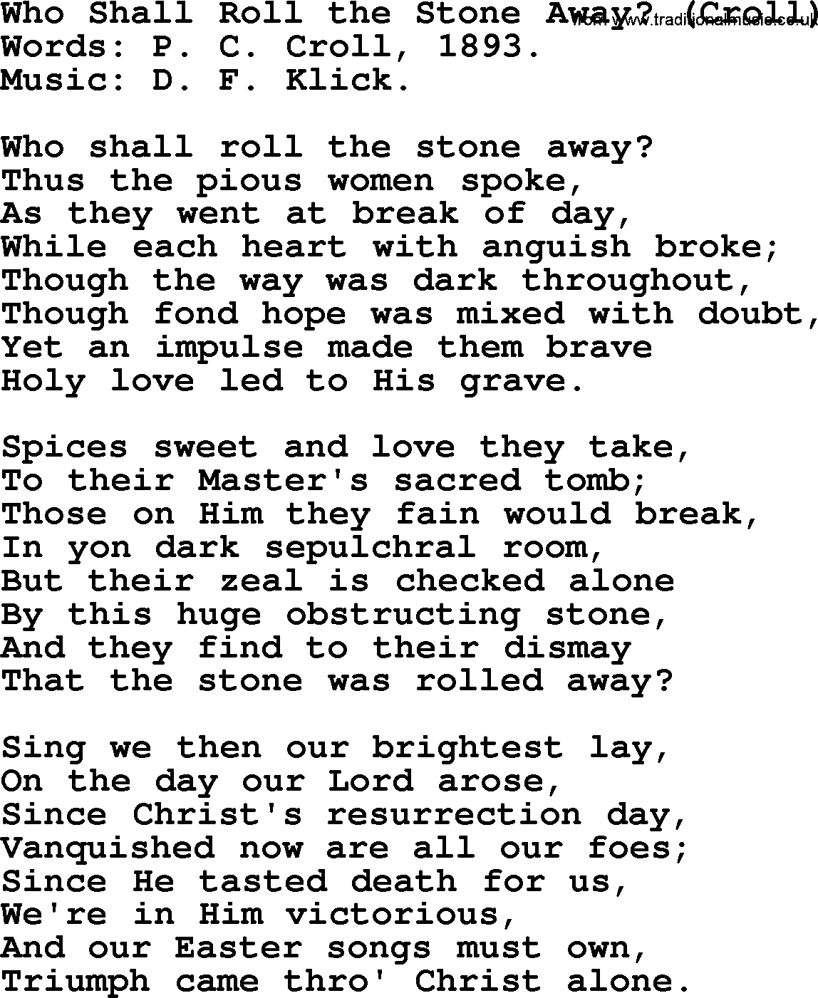 Easter Hymns, Hymn: Who Shall Roll The Stone Away (croll), lyrics with PDF