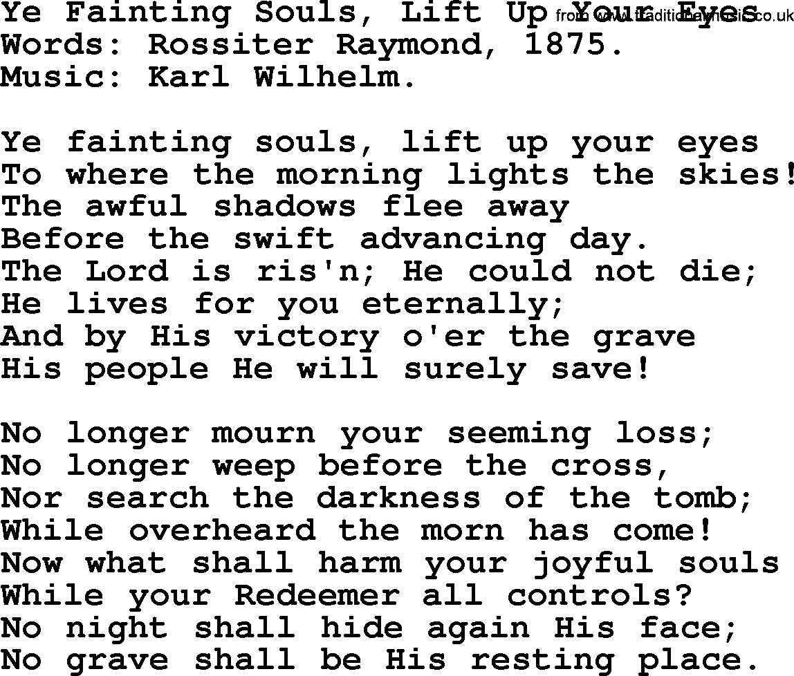 Easter Hymns, Hymn: Ye Fainting Souls, Lift Up Your Eyes, lyrics with PDF