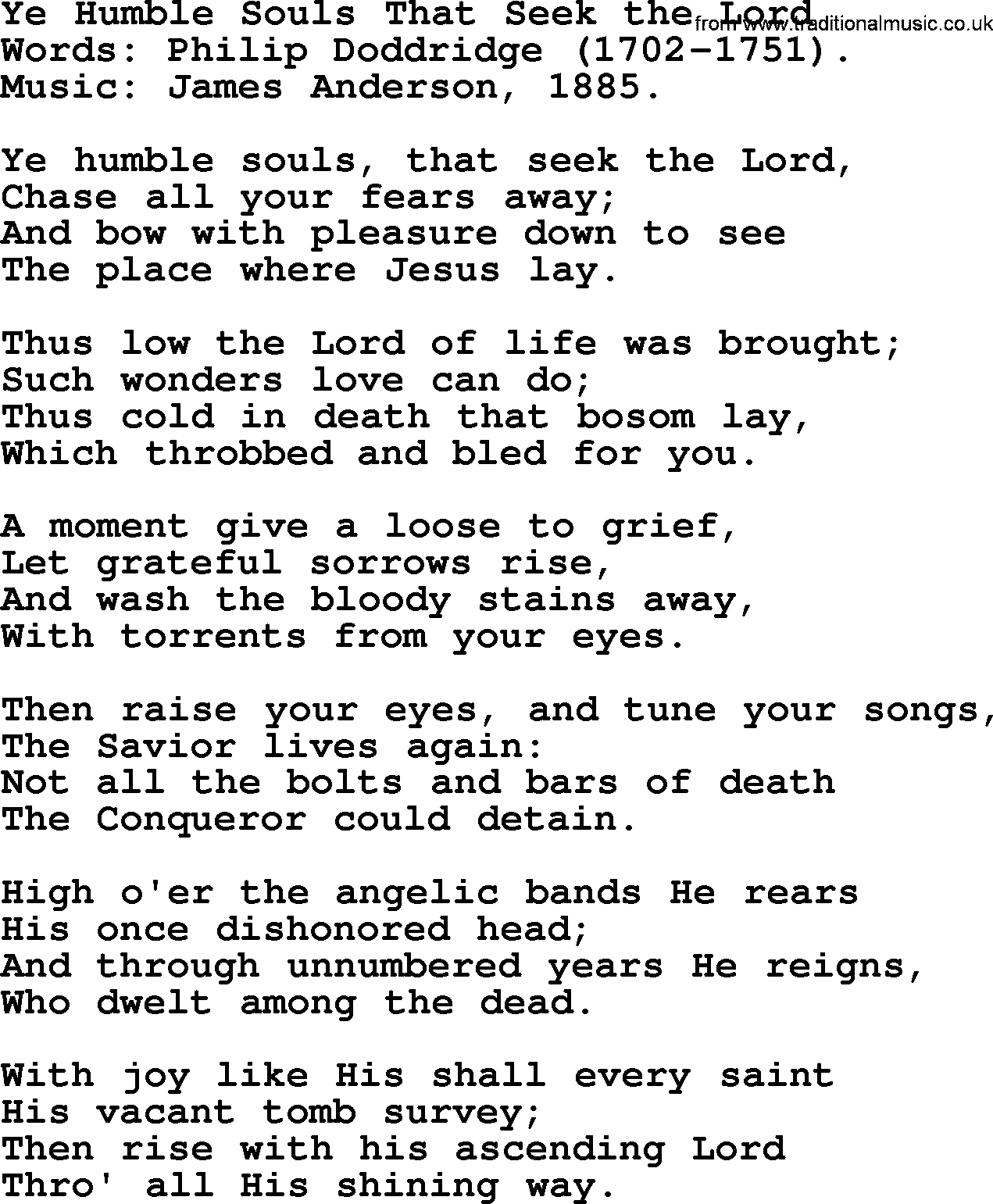 Easter Hymns, Hymn: Ye Humble Souls That Seek The Lord, lyrics with PDF