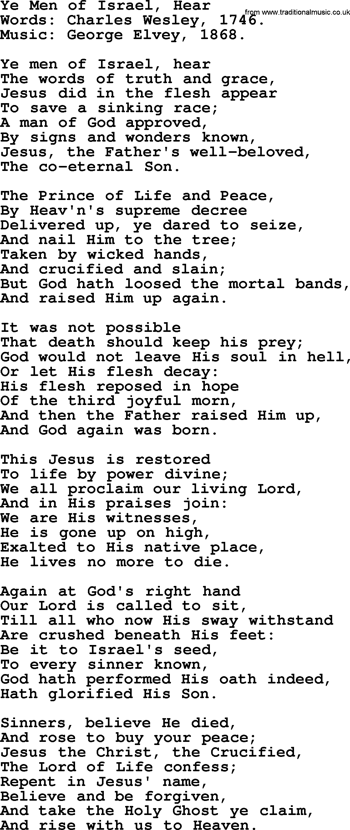 Easter Hymns, Hymn: Ye Men Of Israel, Hear, lyrics with PDF