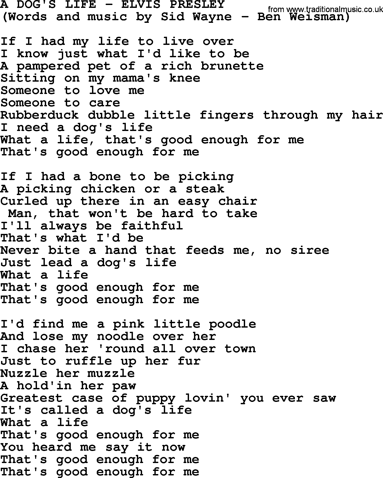 Elvis Presley song: A Dog's Life lyrics