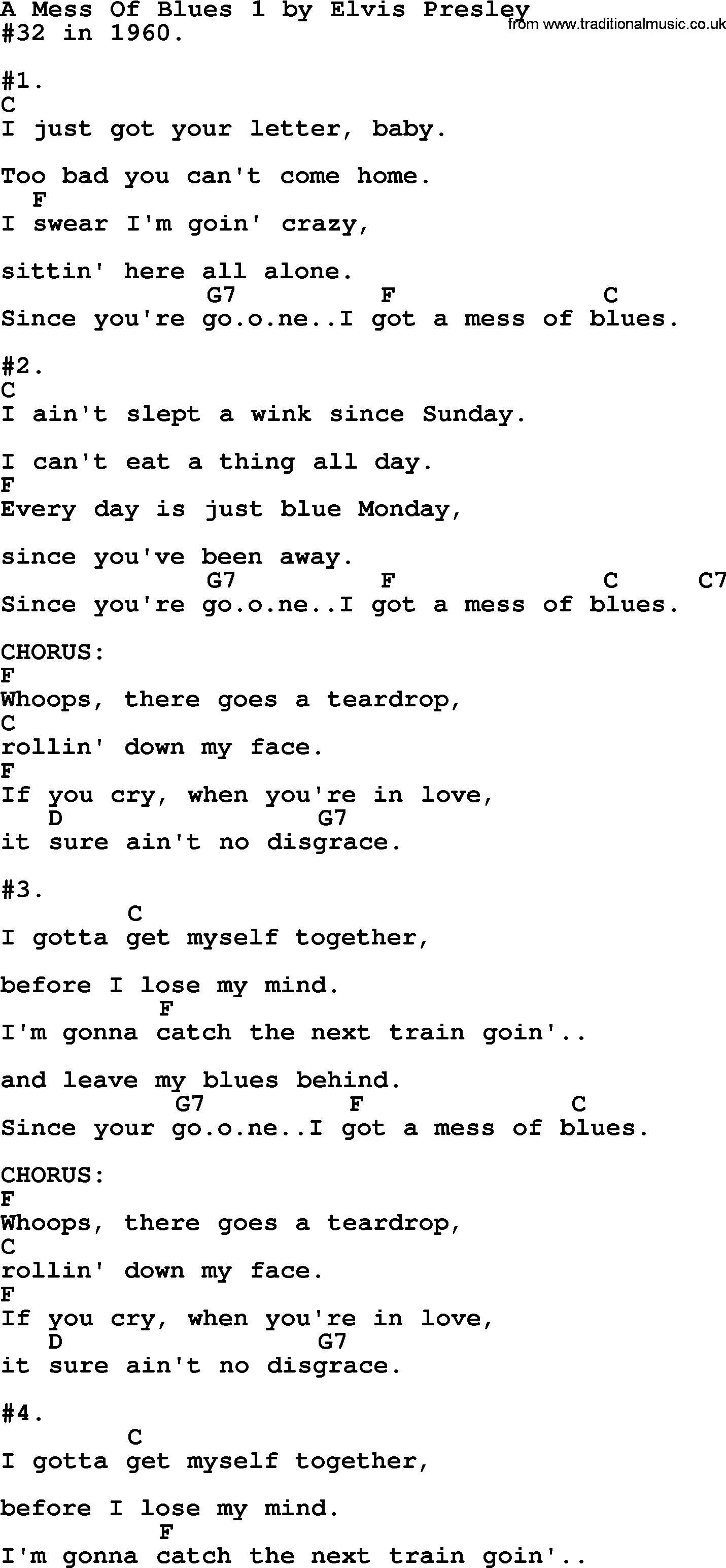 Elvis Presley song: A Mess Of Blues 1, lyrics and chords