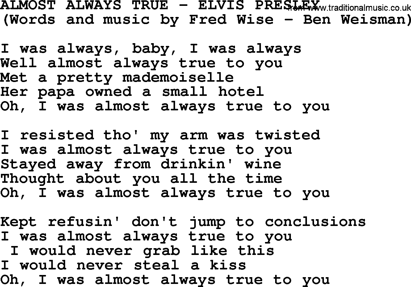 Elvis Presley song: Almost Always True lyrics