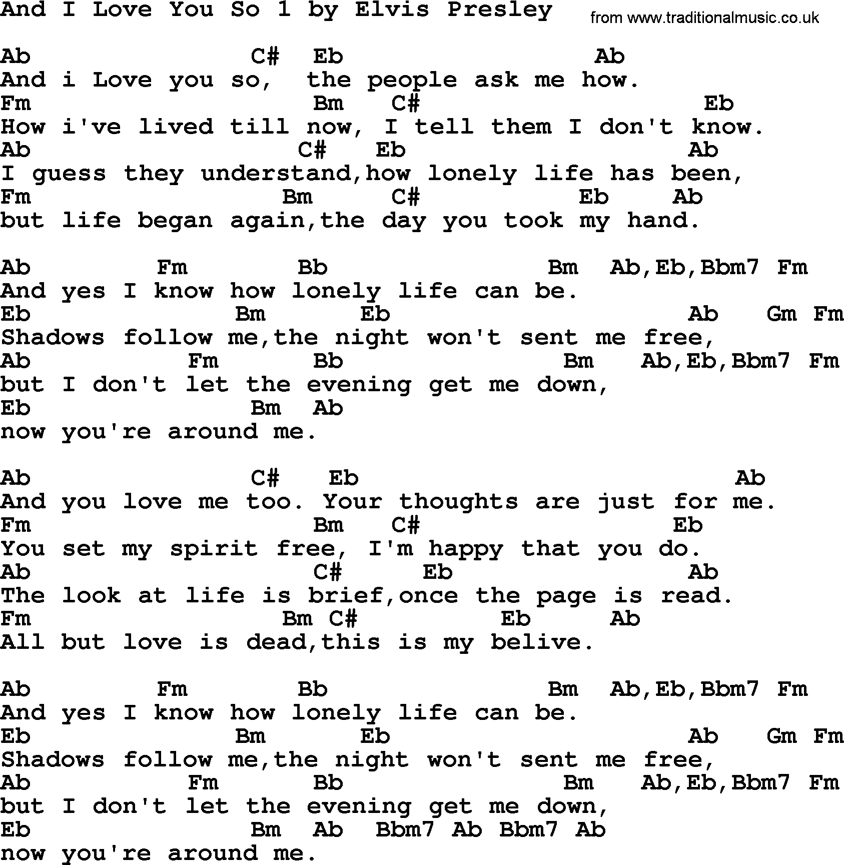Elvis Presley song: And I Love You So 1, lyrics and chords