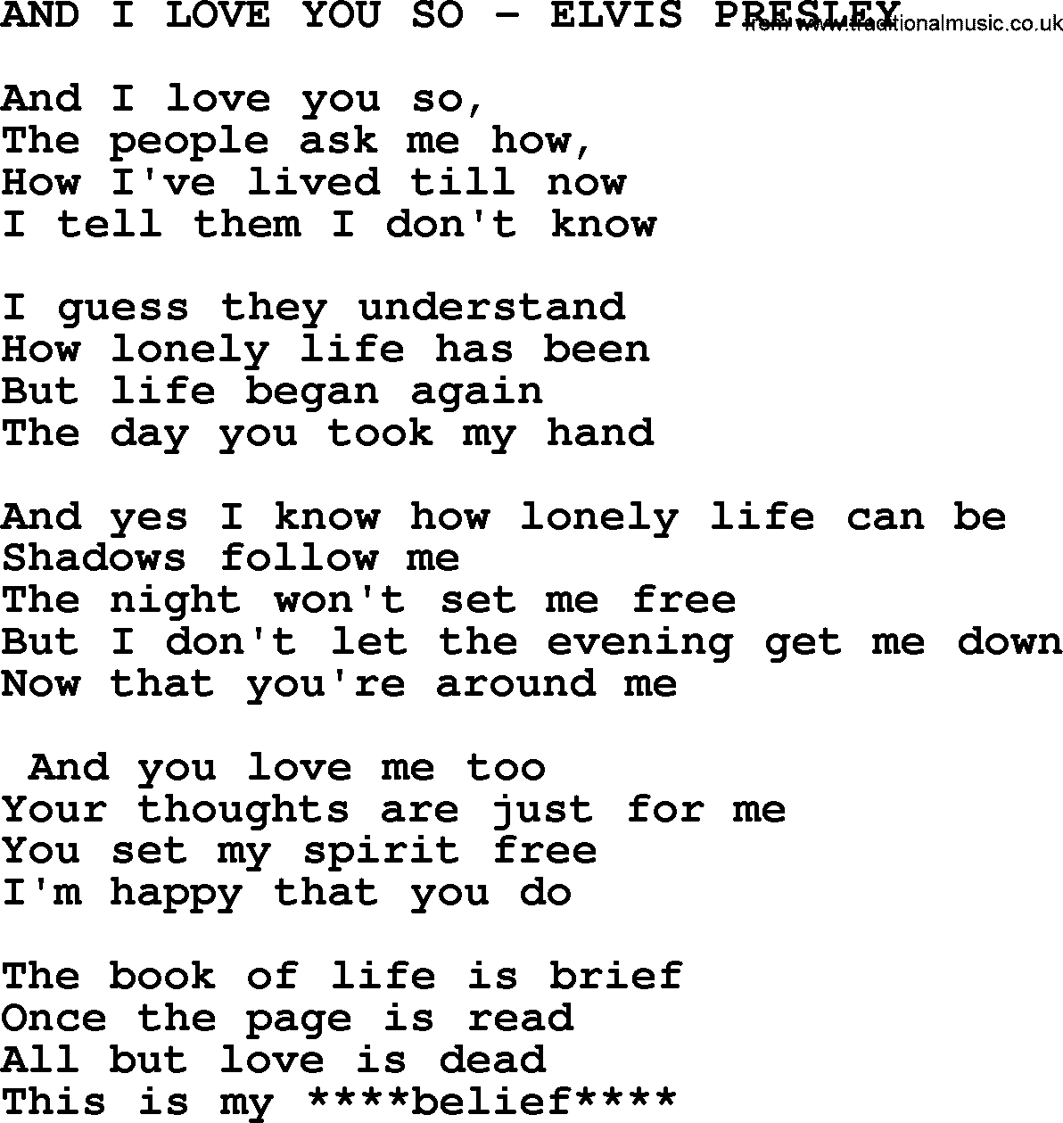 Elvis Presley song: And I Love You So-Elvis Presley-.txt lyrics and chords
