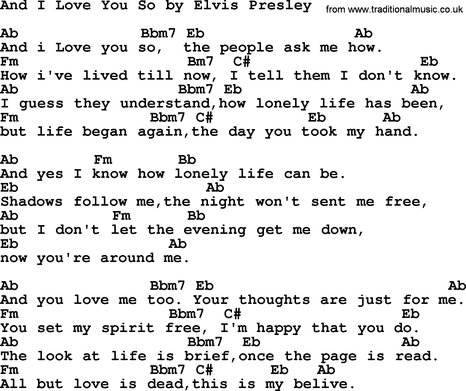 Elvis Presley song: And I Love You So, lyrics and chords