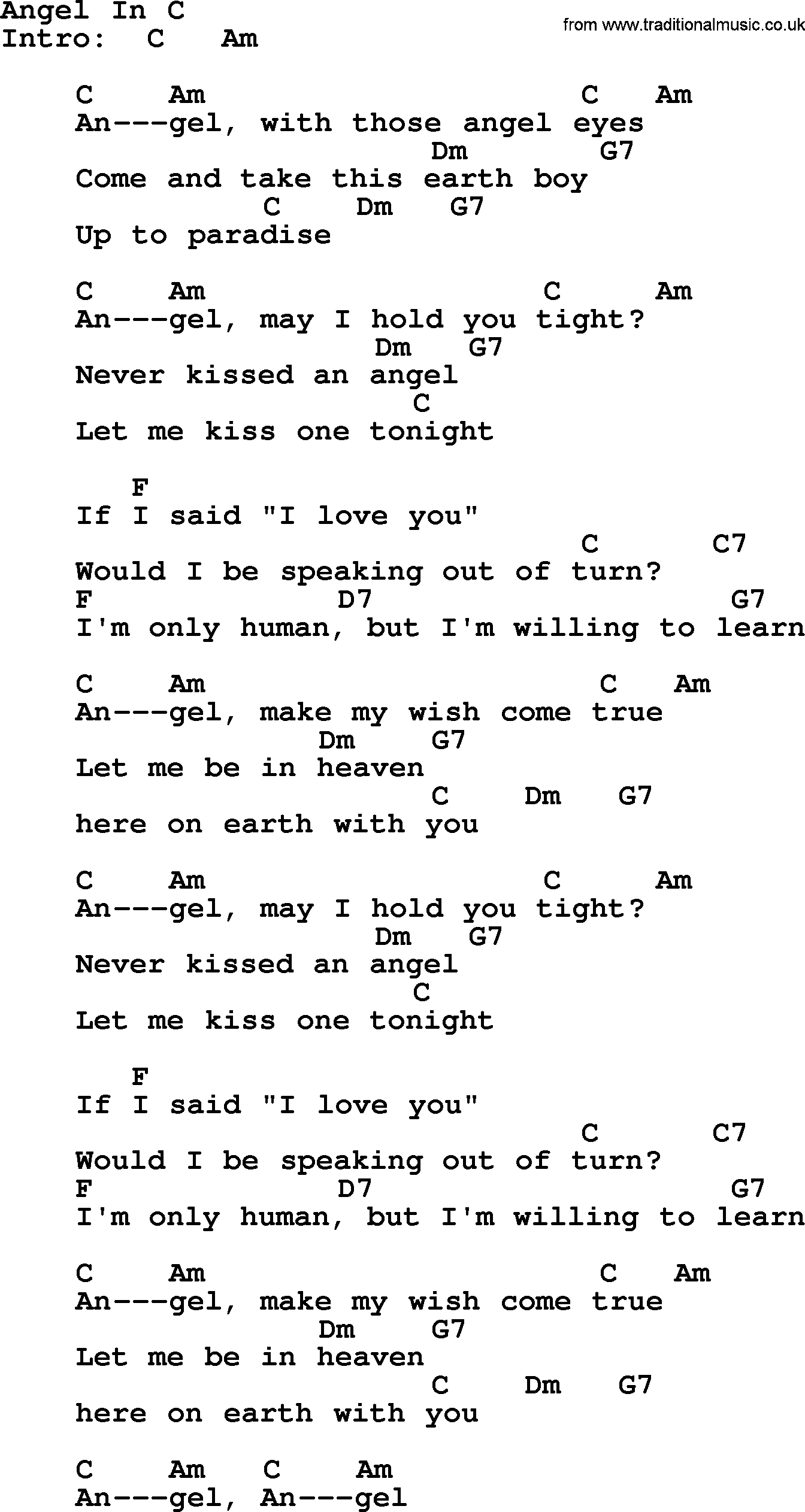 Elvis Presley song: Angel In C, lyrics and chords