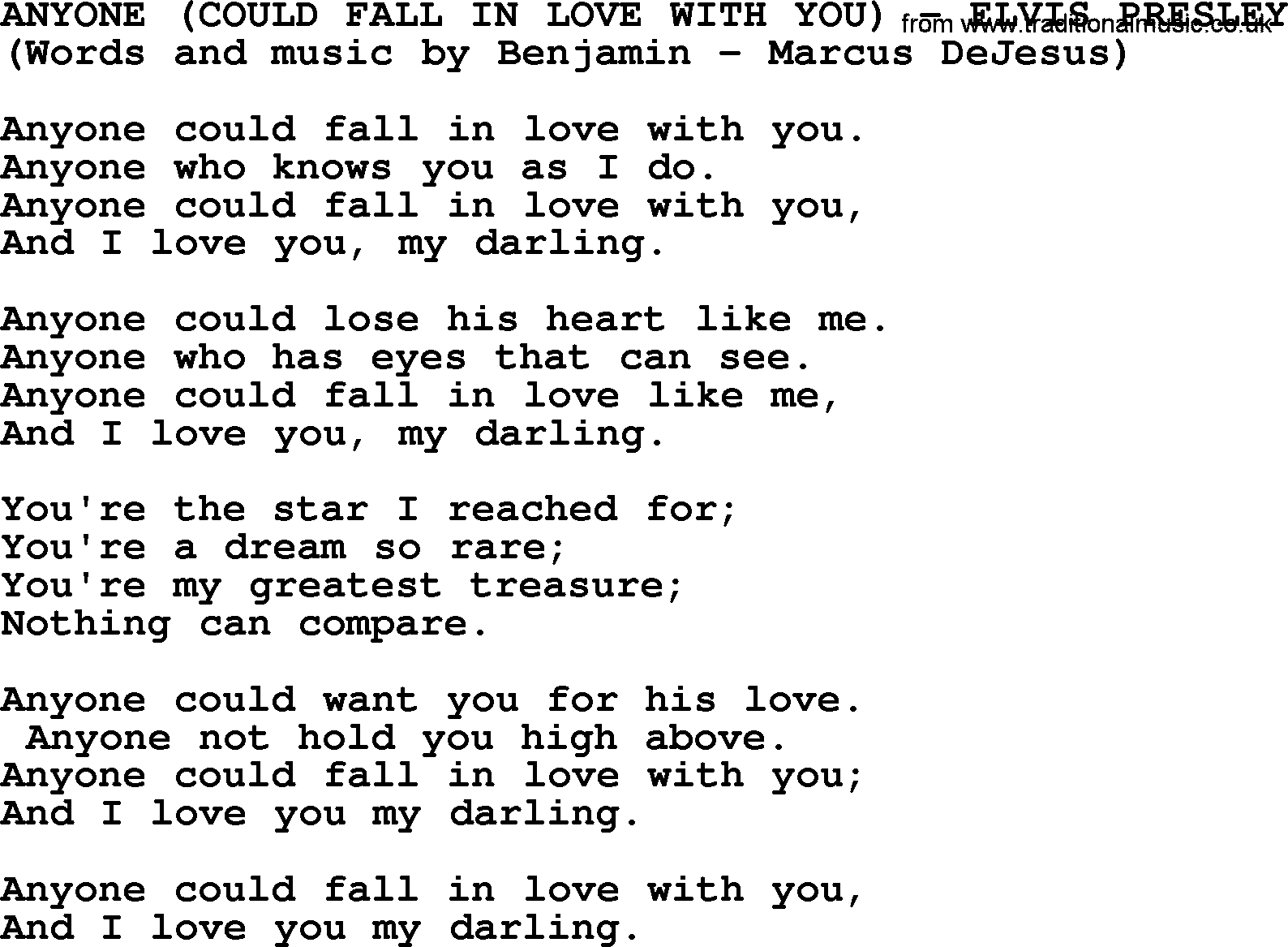 Elvis Presley song: Anyone Could Fall In Love With You lyrics