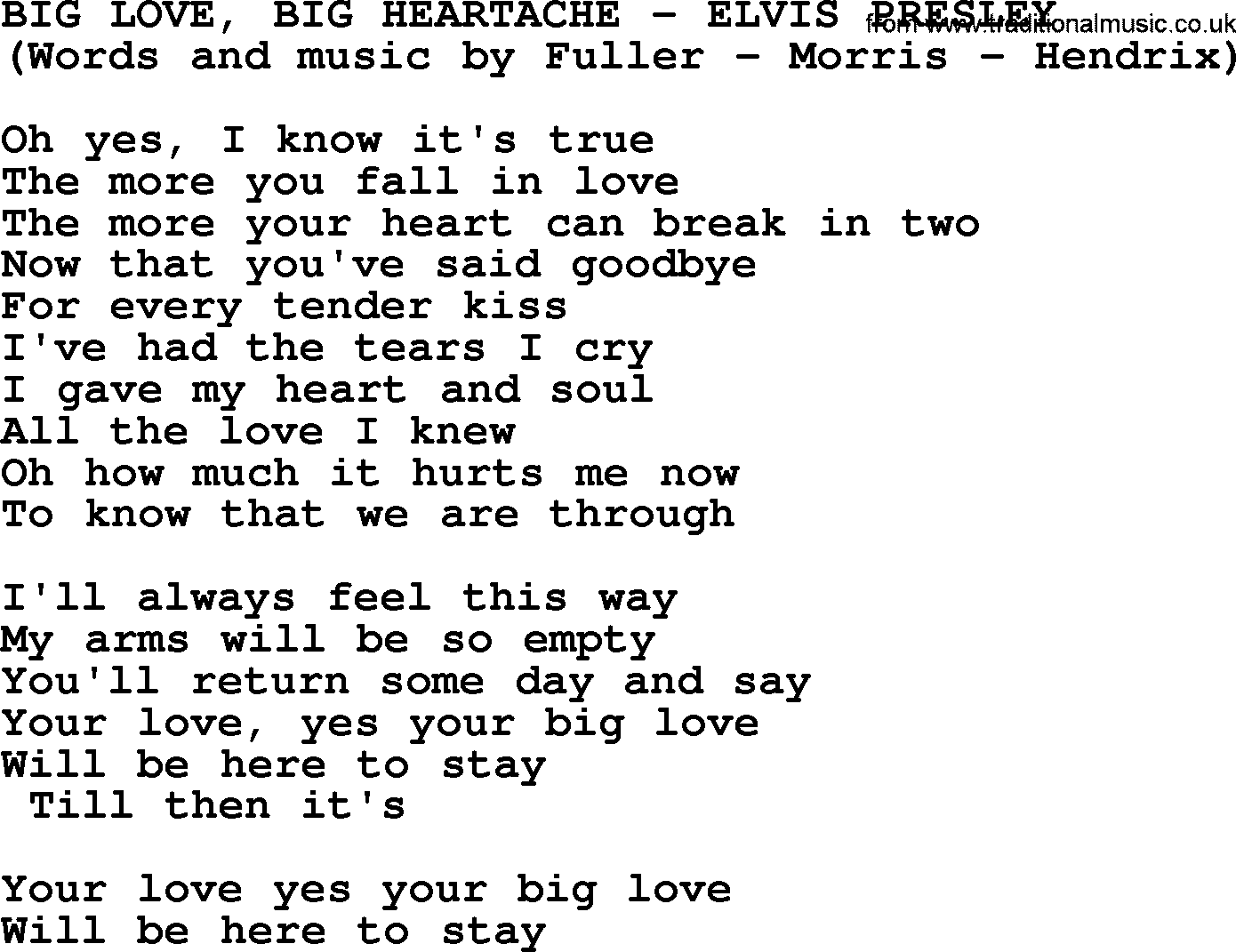 Elvis Presley song: Big Love, Big Heartache lyrics
