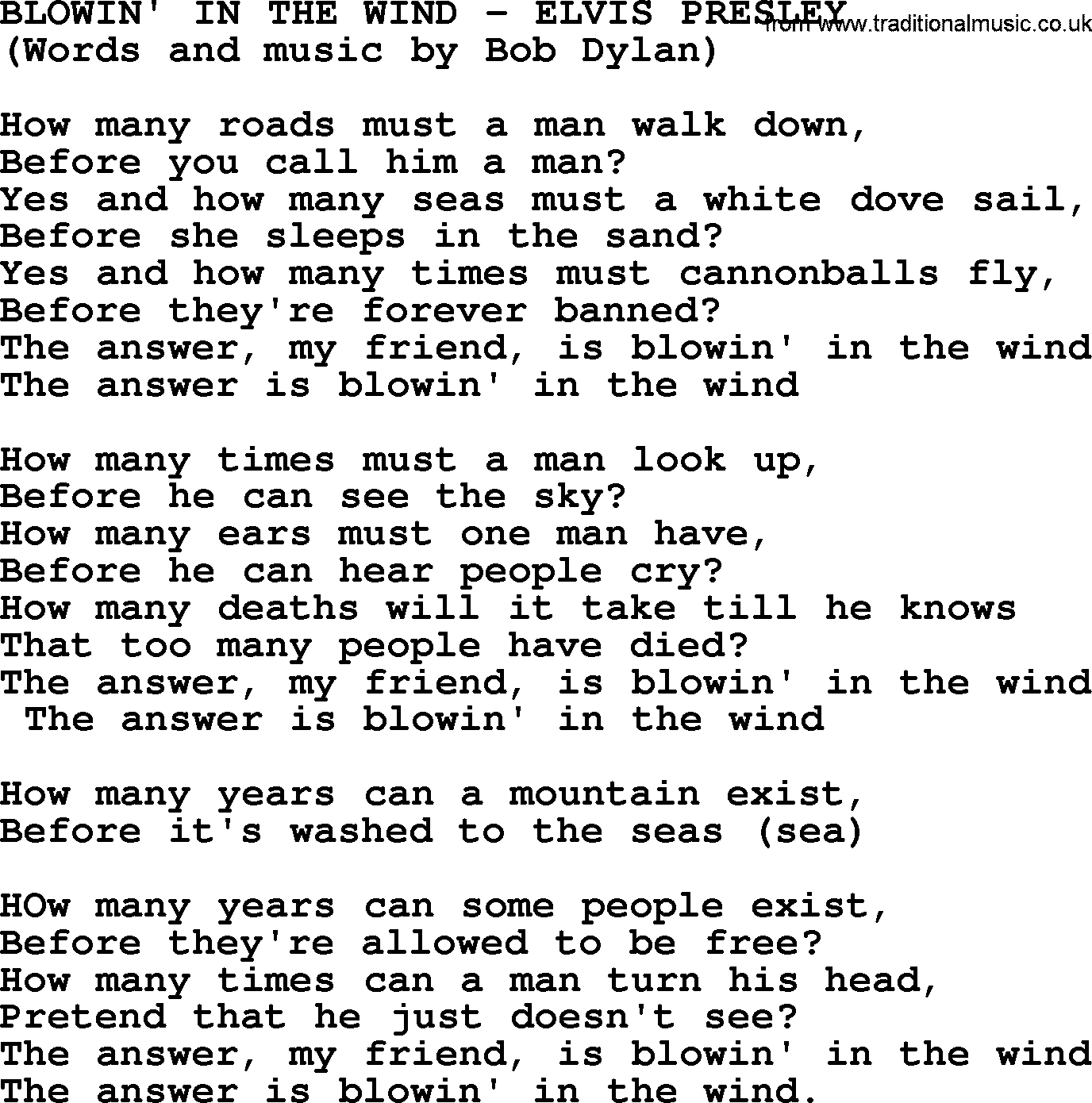 Elvis Presley song: Blowin' In The Wind lyrics