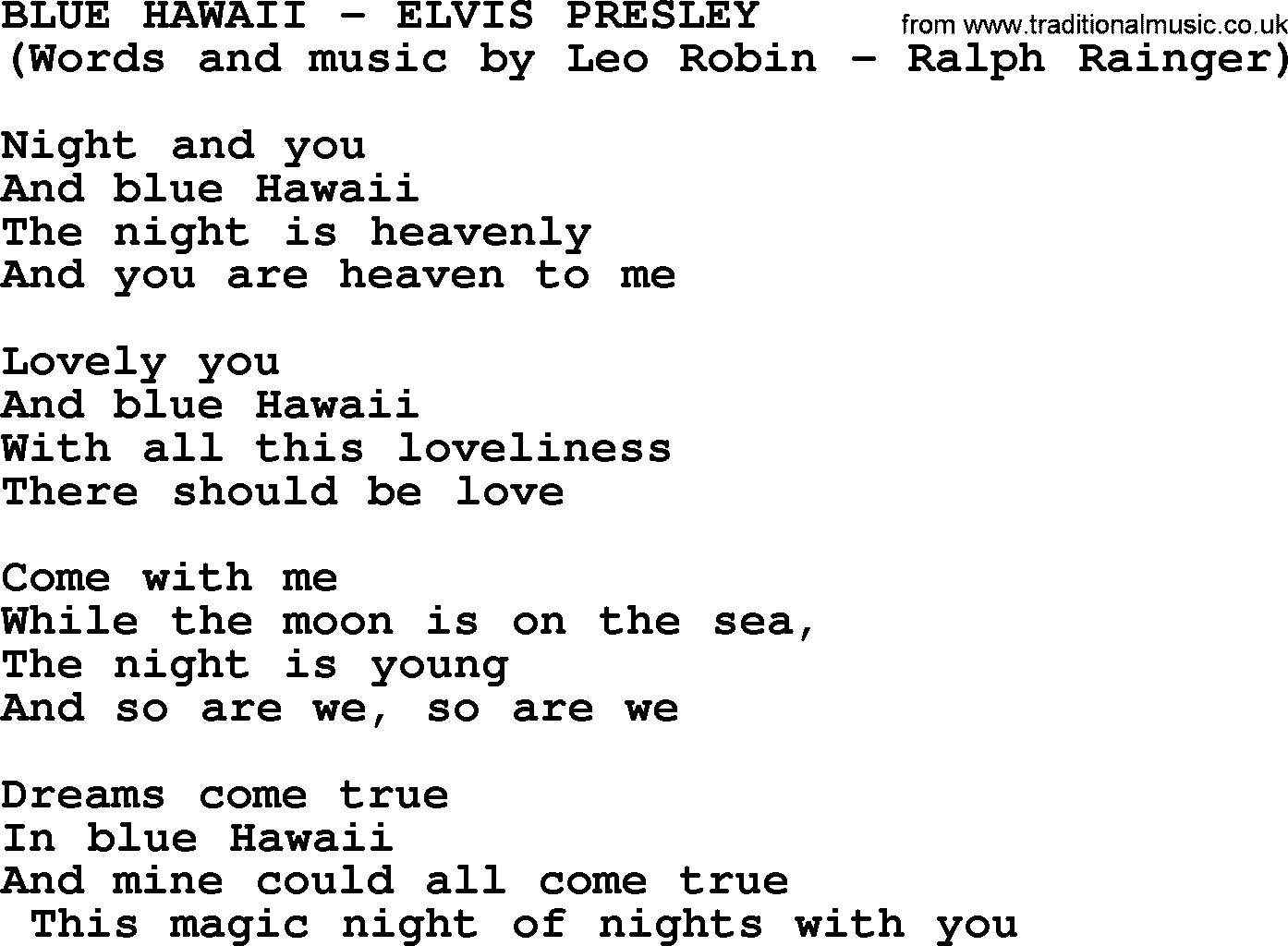 Elvis Presley song: Blue Hawaii lyrics