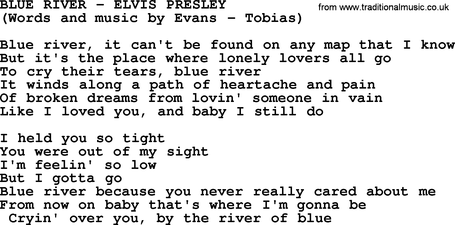 Elvis Presley song: Blue River lyrics