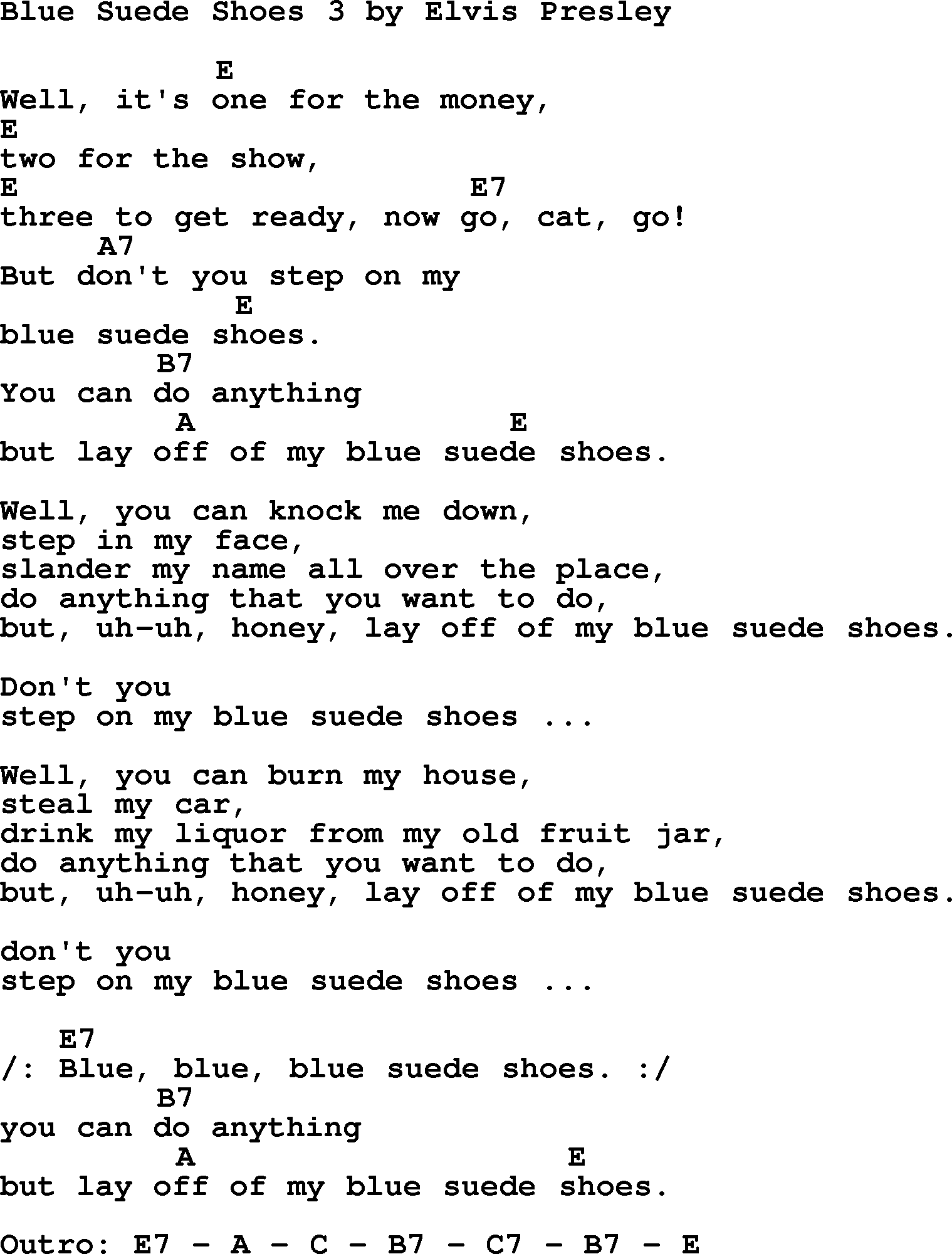 Elvis Presley song: Blue Suede Shoes 3, lyrics and chords