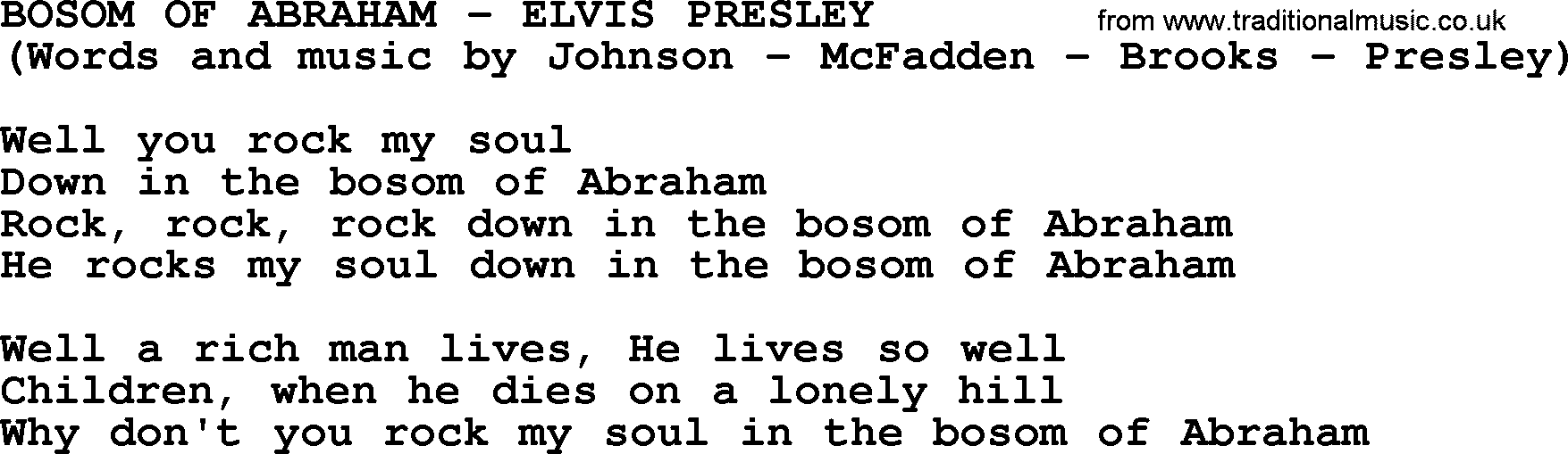 Elvis Presley song: Bosom Of Abraham lyrics