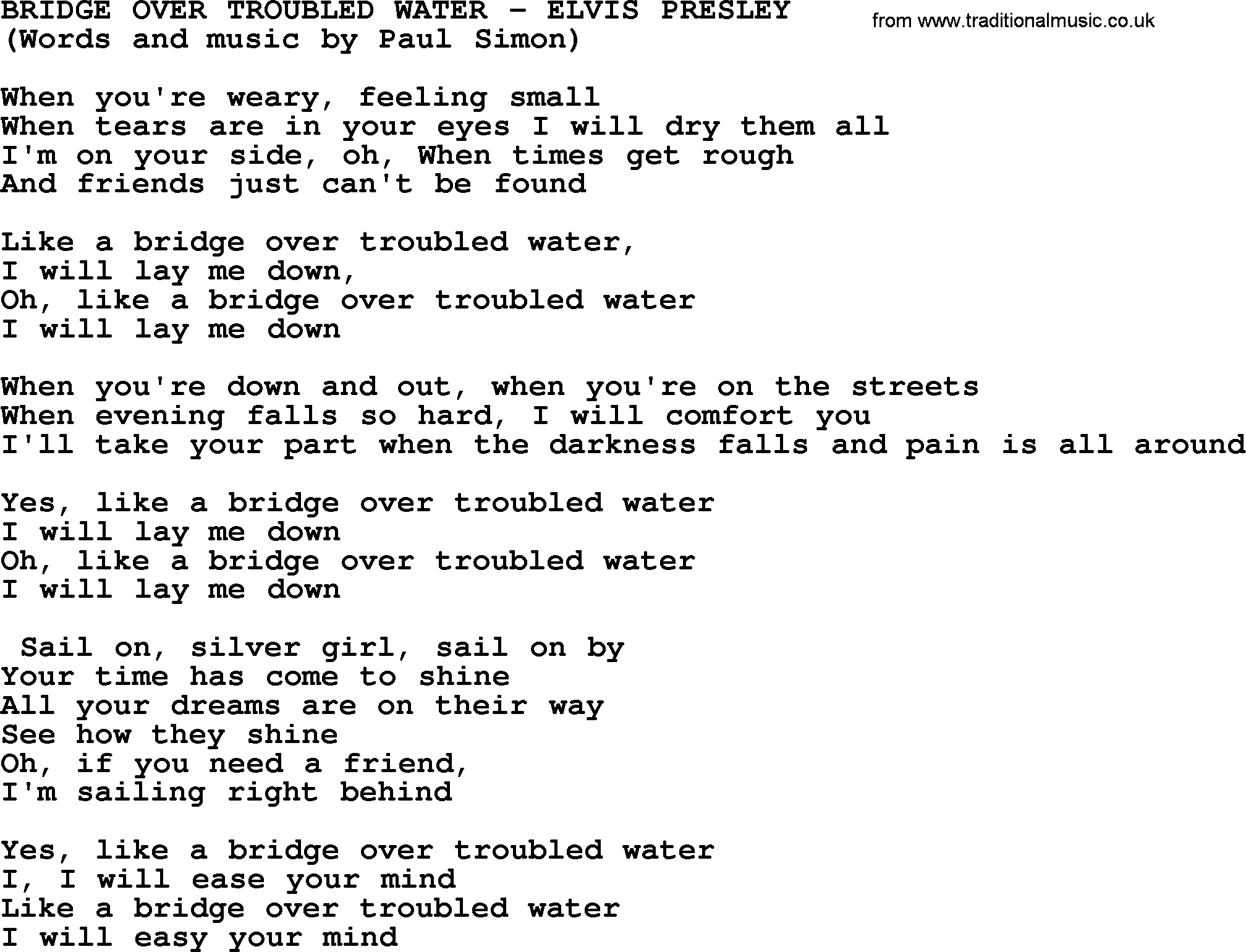 Elvis Presley song: Bridge Over Troubled Water lyrics